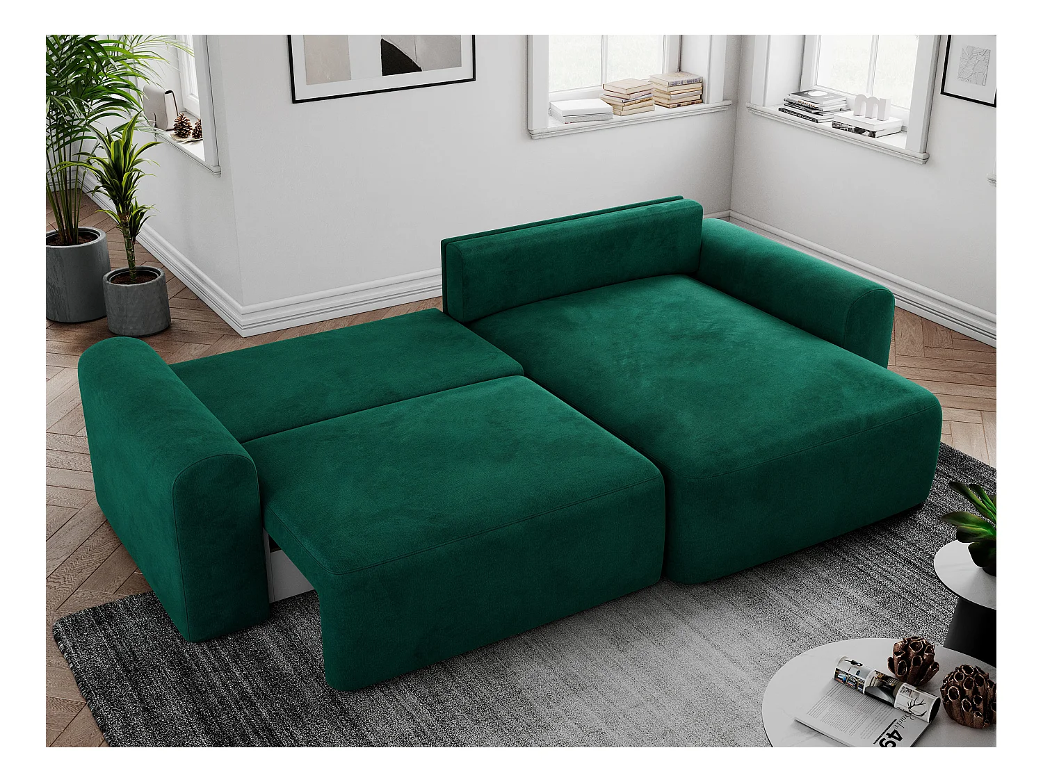 Ecksofa NELSON - Schlafcouch mit Armlehnen und Bettkasten, universelles L-förmige Ecksofa - Dunkelgrün Velvet