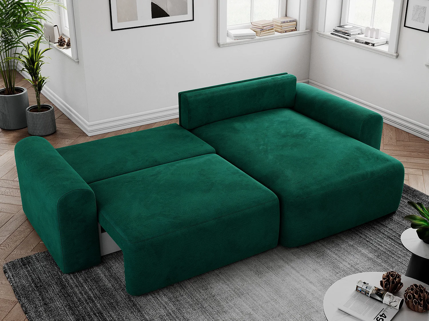 Ecksofa NELSON - Schlafcouch mit Armlehnen und Bettkasten, universelles L-förmige Ecksofa - Dunkelgrün Velvet