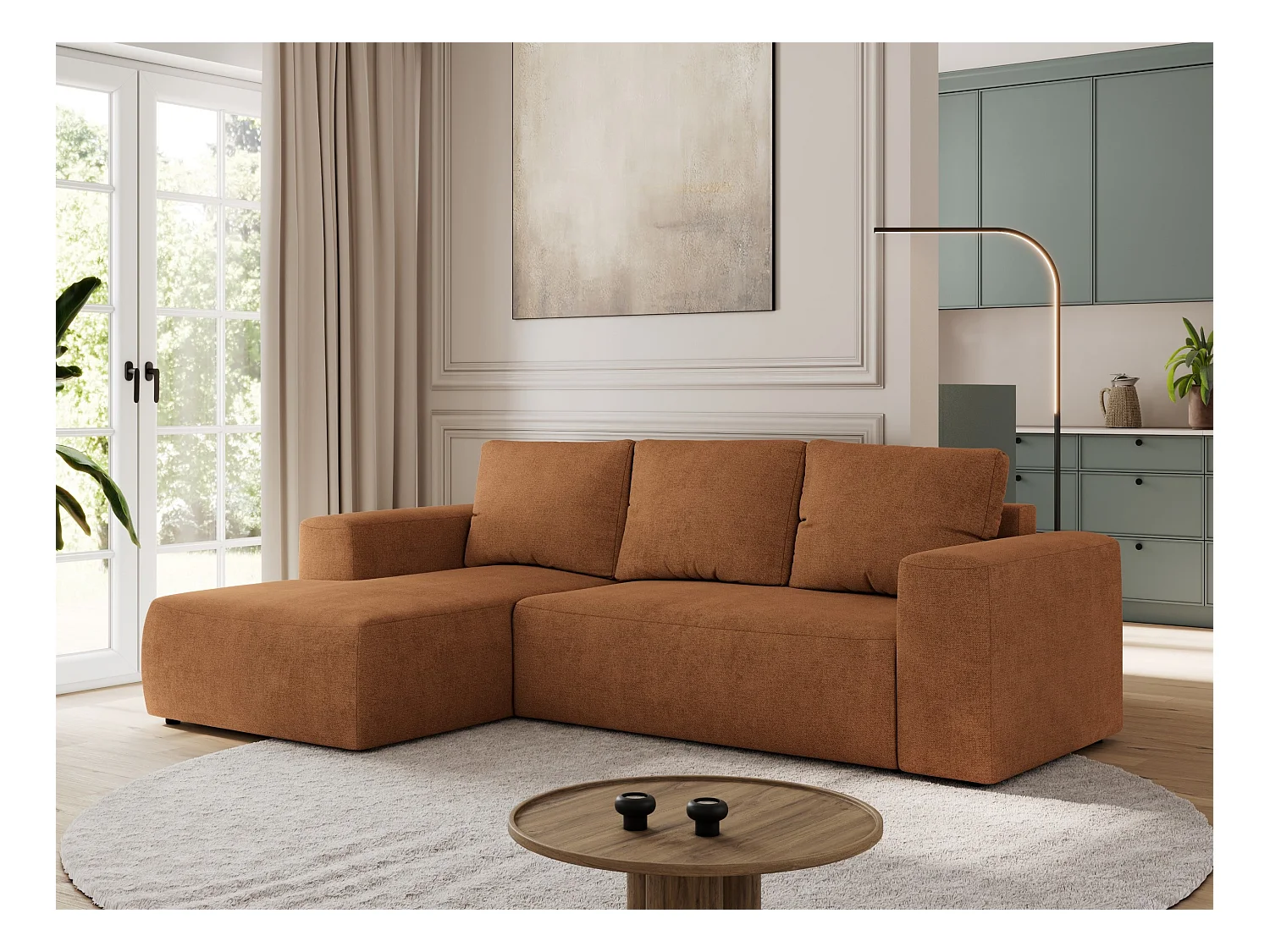 Ecksofa TRENTINO - mit Schlaffunktion und Bettkasten, L-form Couch, lose Kissen und Armlehnen - Orange Stukture - Ecke Links