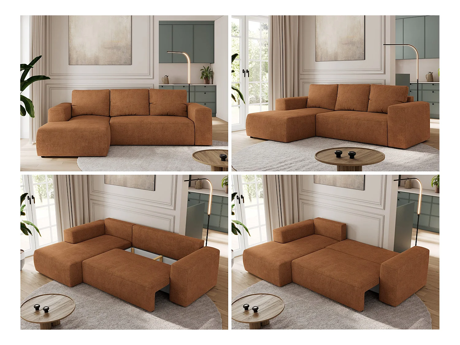 Ecksofa TRENTINO - mit Schlaffunktion und Bettkasten, L-form Couch, lose Kissen und Armlehnen - Orange Stukture - Ecke Links