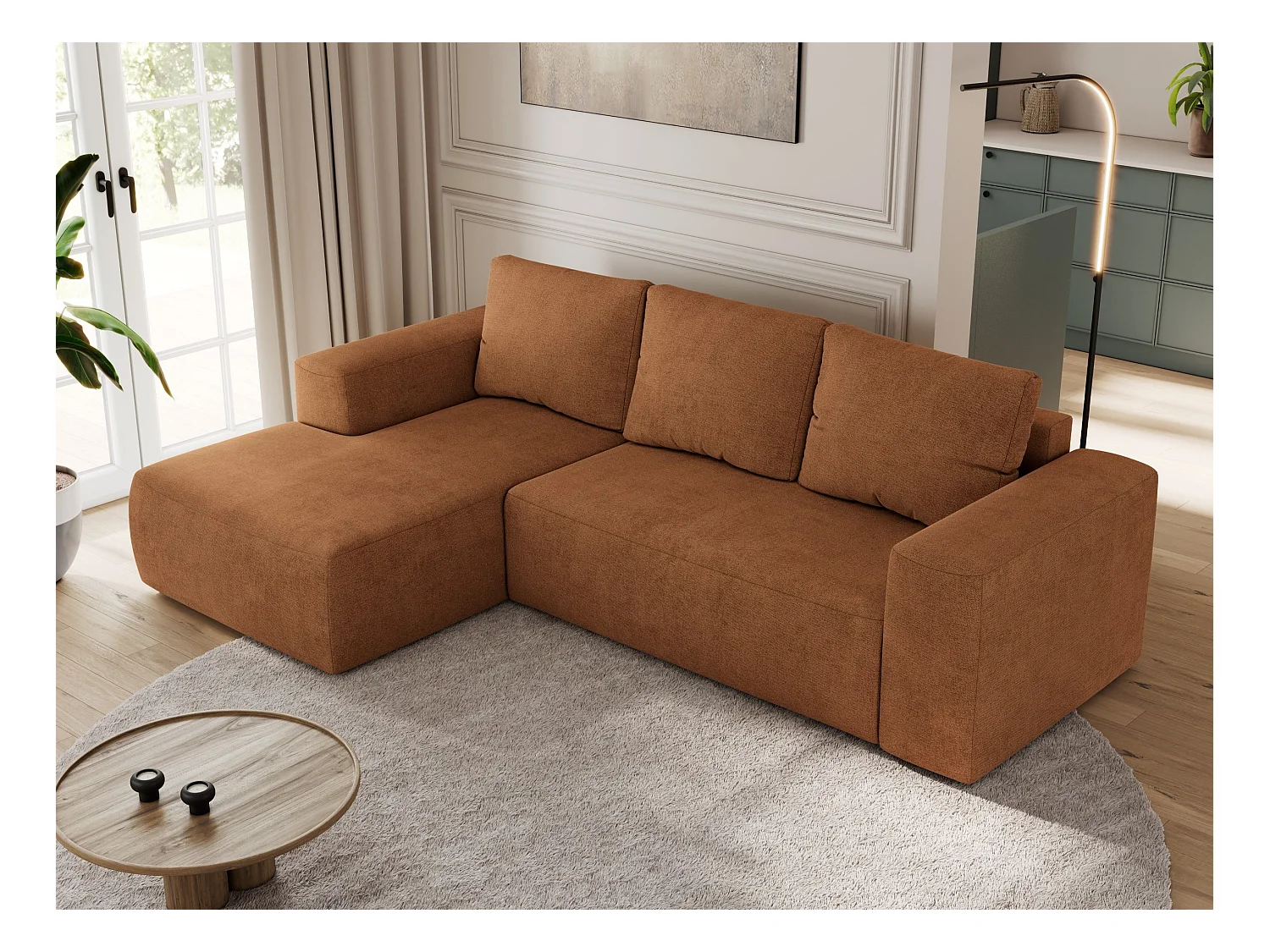 Ecksofa TRENTINO - mit Schlaffunktion und Bettkasten, L-form Couch, lose Kissen und Armlehnen - Orange Stukture - Ecke Links