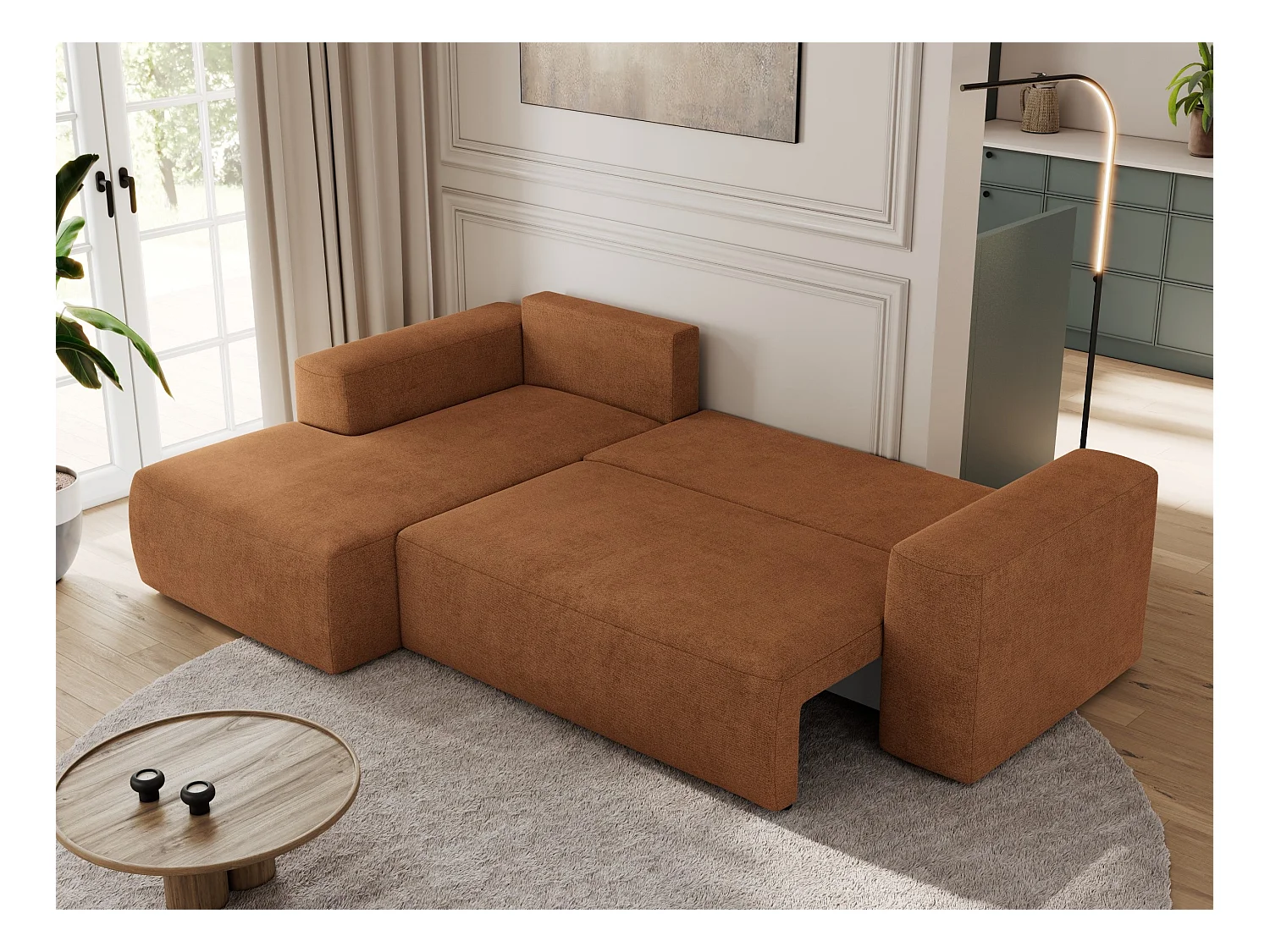 Ecksofa TRENTINO - mit Schlaffunktion und Bettkasten, L-form Couch, lose Kissen und Armlehnen - Orange Stukture - Ecke Links
