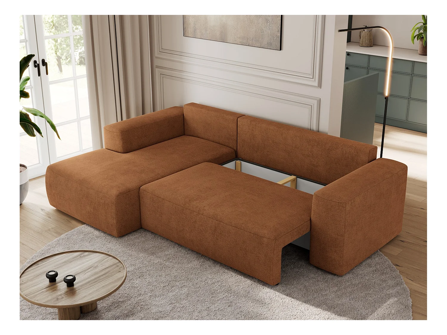 Ecksofa TRENTINO - mit Schlaffunktion und Bettkasten, L-form Couch, lose Kissen und Armlehnen - Orange Stukture - Ecke Links