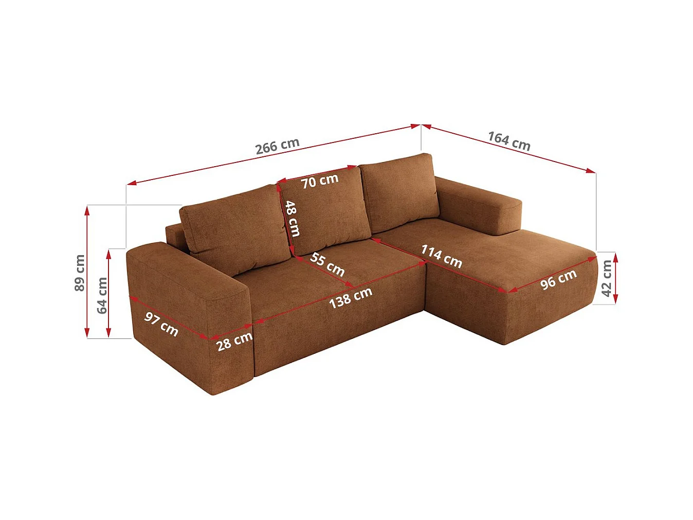 Ecksofa TRENTINO - mit Schlaffunktion und Bettkasten, L-form Couch, lose Kissen und Armlehnen - Orange Stukture - Ecke Links