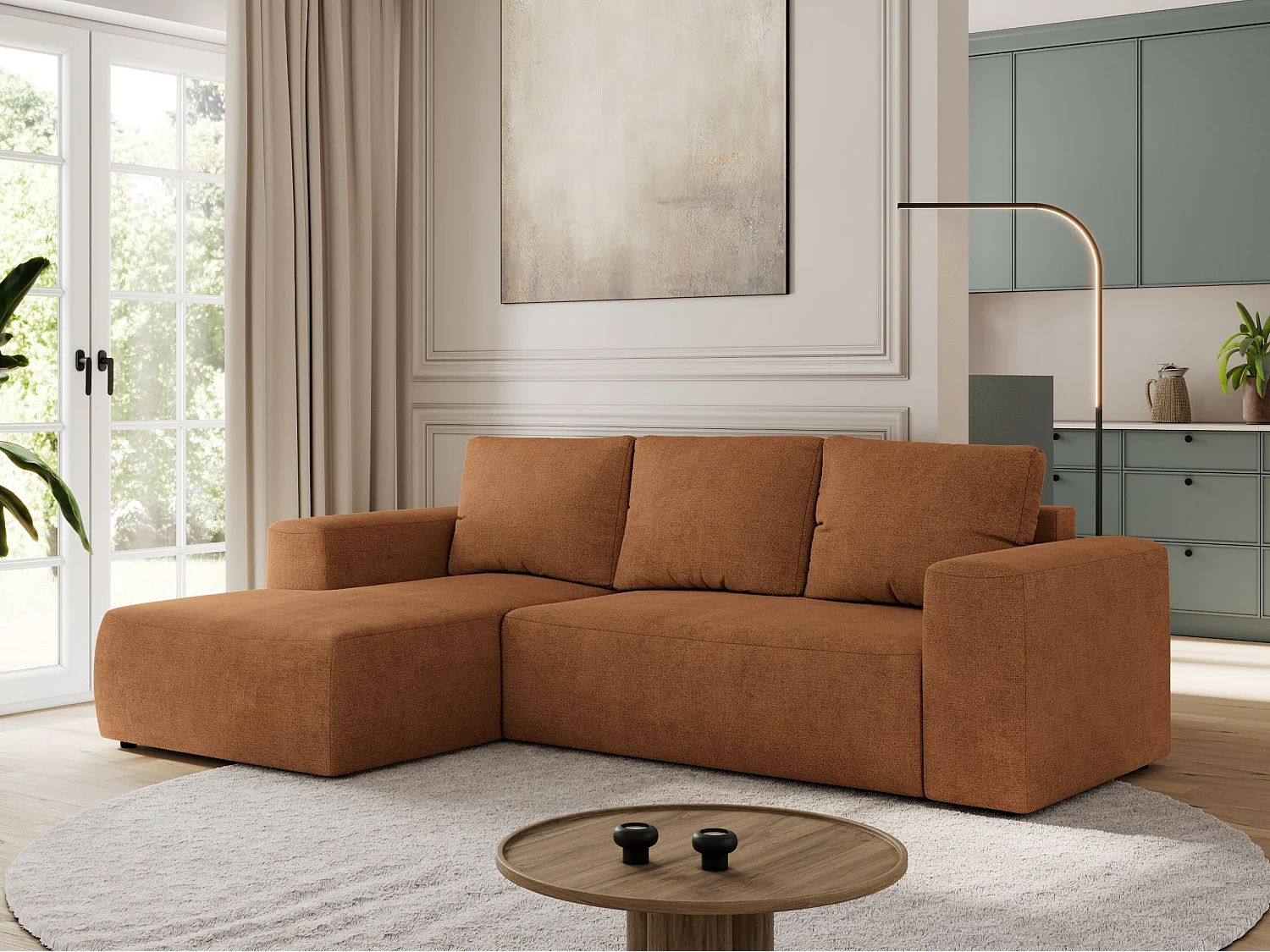 Ecksofa TRENTINO - mit Schlaffunktion und Bettkasten, L-form Couch, lose Kissen und Armlehnen - Orange Stukture - Ecke Links