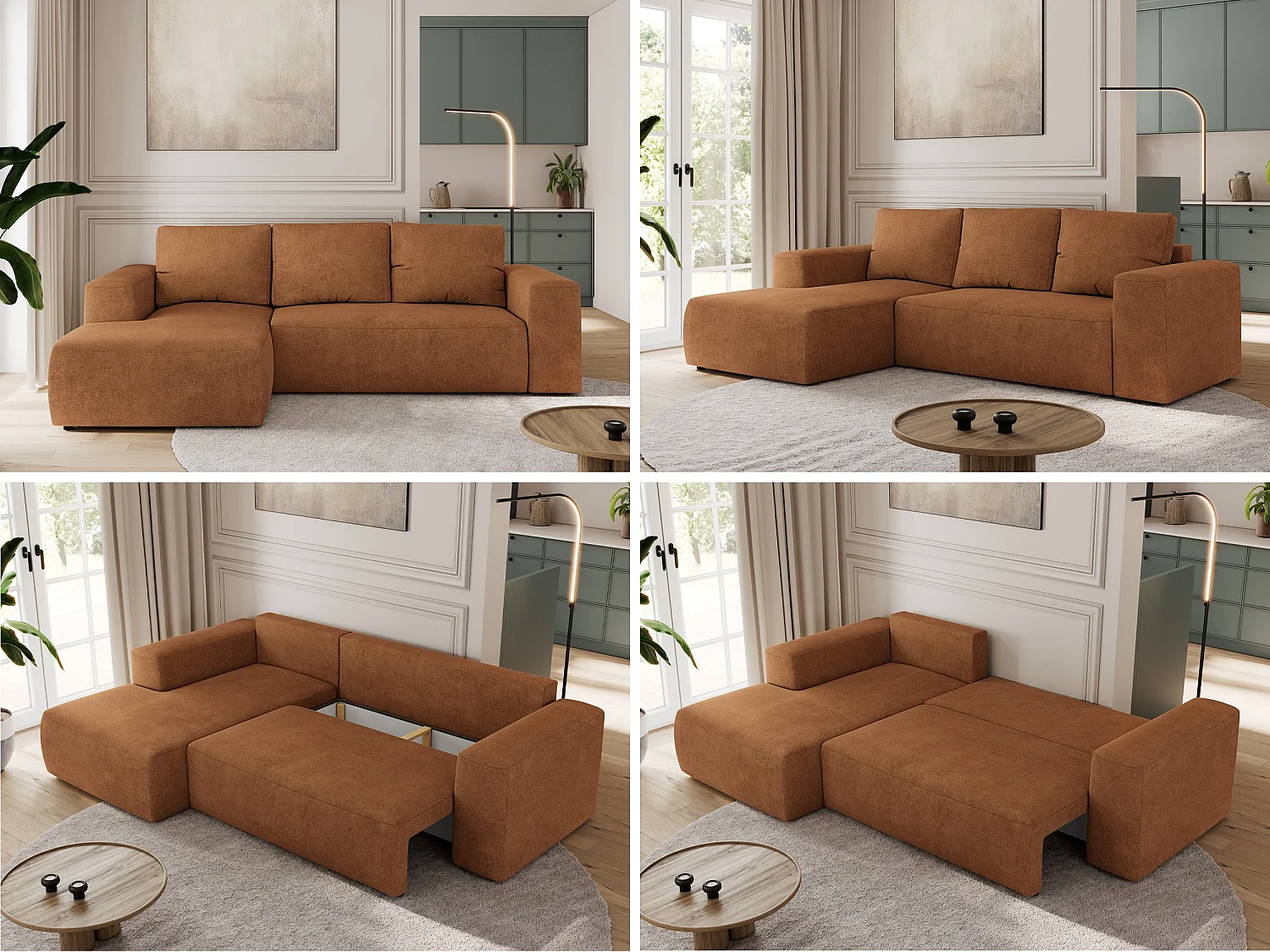 Ecksofa TRENTINO - mit Schlaffunktion und Bettkasten, L-form Couch, lose Kissen und Armlehnen - Orange Stukture - Ecke Links