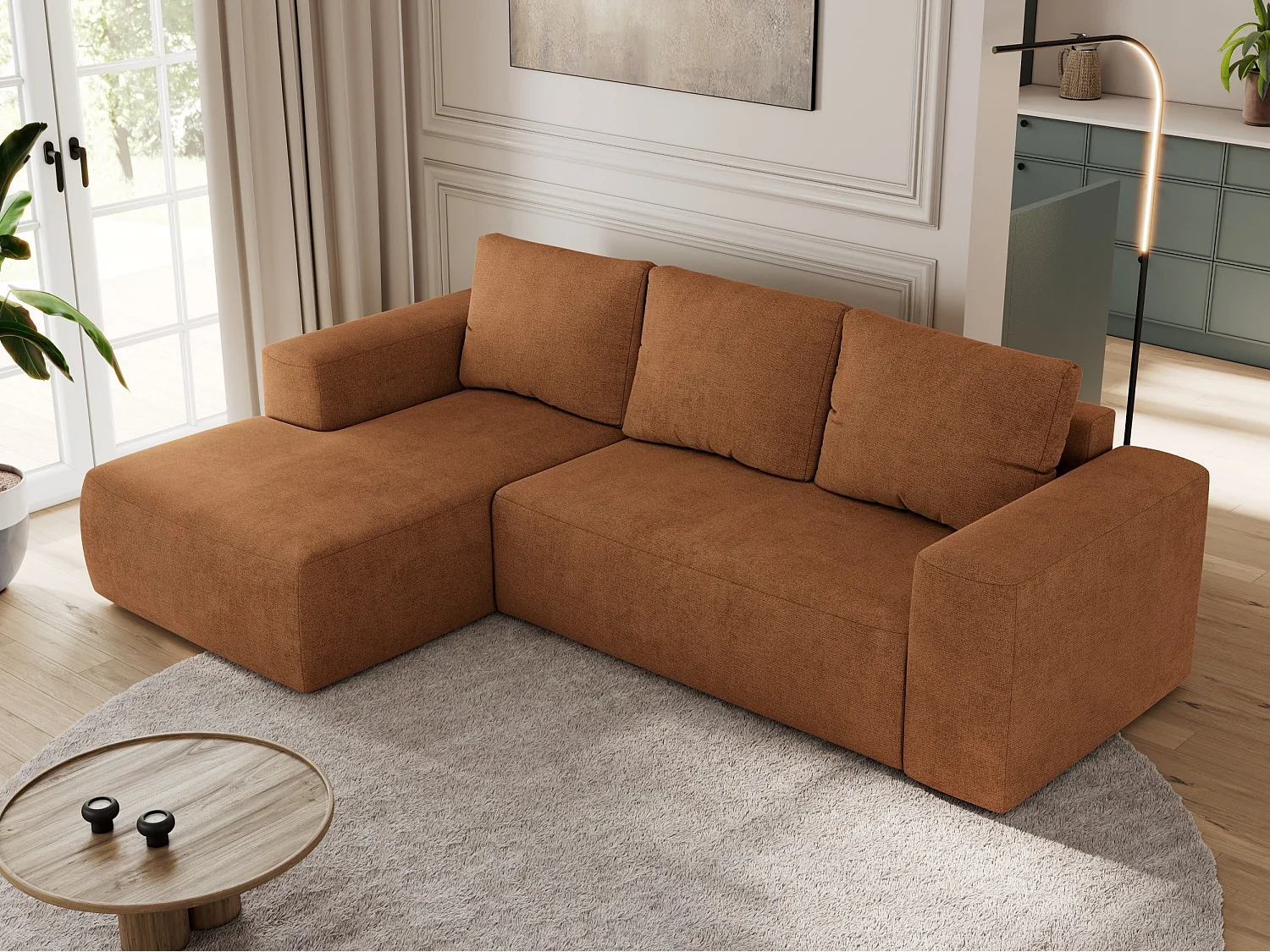 Ecksofa TRENTINO - mit Schlaffunktion und Bettkasten, L-form Couch, lose Kissen und Armlehnen - Orange Stukture - Ecke Links