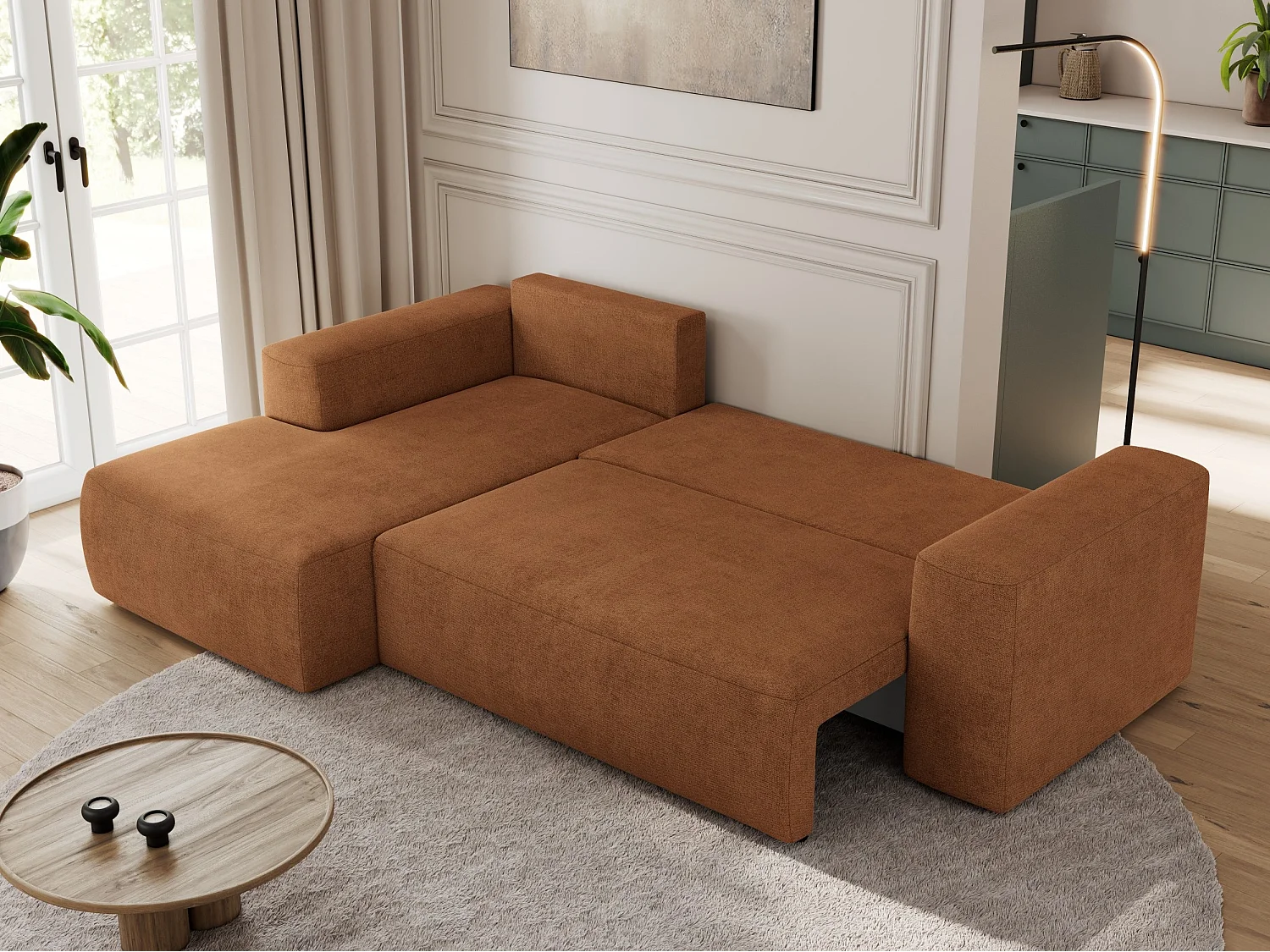 Ecksofa TRENTINO - mit Schlaffunktion und Bettkasten, L-form Couch, lose Kissen und Armlehnen - Orange Stukture - Ecke Links