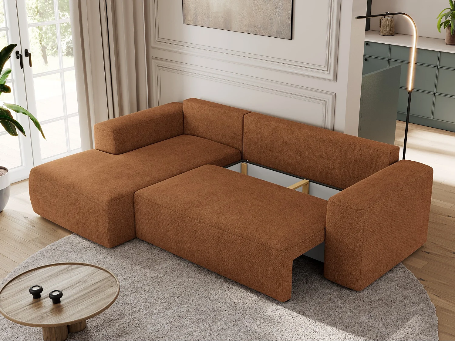 Ecksofa TRENTINO - mit Schlaffunktion und Bettkasten, L-form Couch, lose Kissen und Armlehnen - Orange Stukture - Ecke Links