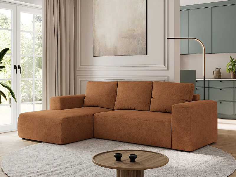 Ecksofa TRENTINO - mit Schlaffunktion und Bettkasten, L-form Couch, lose Kissen und Armlehnen - Orange Stukture - Ecke Links