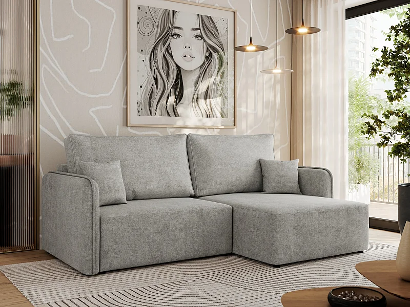 Ecksofa MESTO - Schlaffunktion und Bettkasten, L-form Couch für das Wohnzimmer, Armlehnen - Hellgrau Struktur - Ecke Rechts