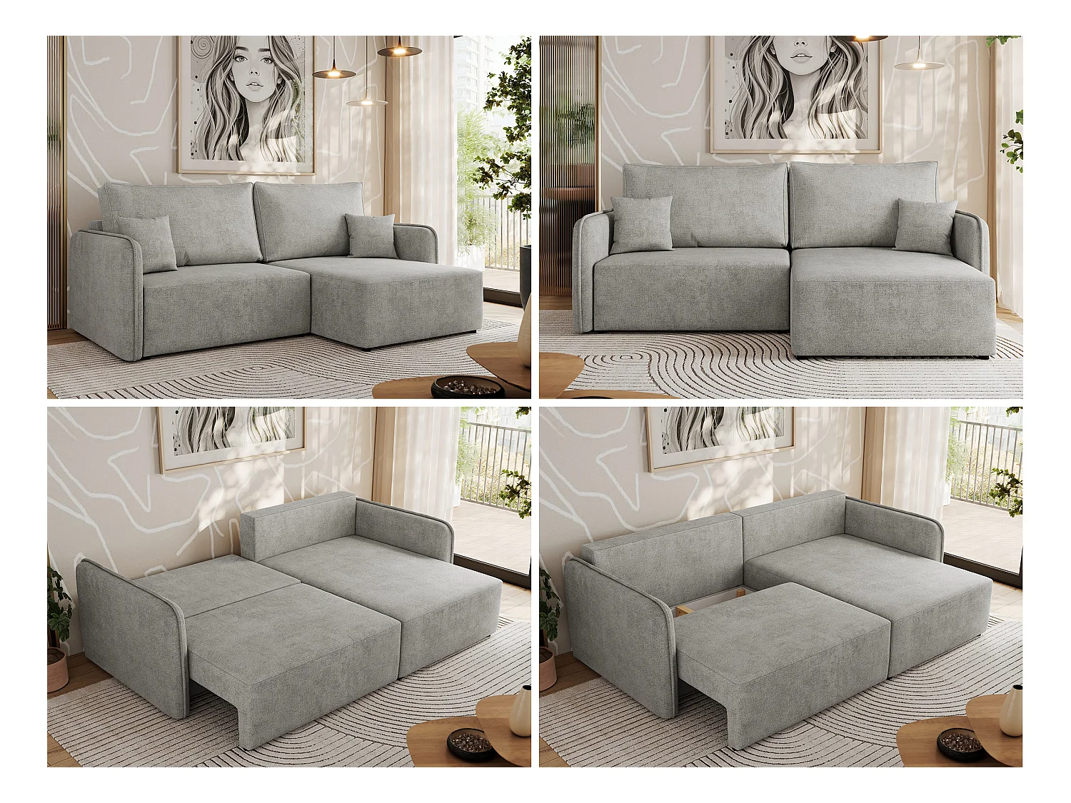 Ecksofa MESTO - Schlaffunktion und Bettkasten, L-form Couch für das Wohnzimmer, Armlehnen - Hellgrau Struktur - Ecke Rechts