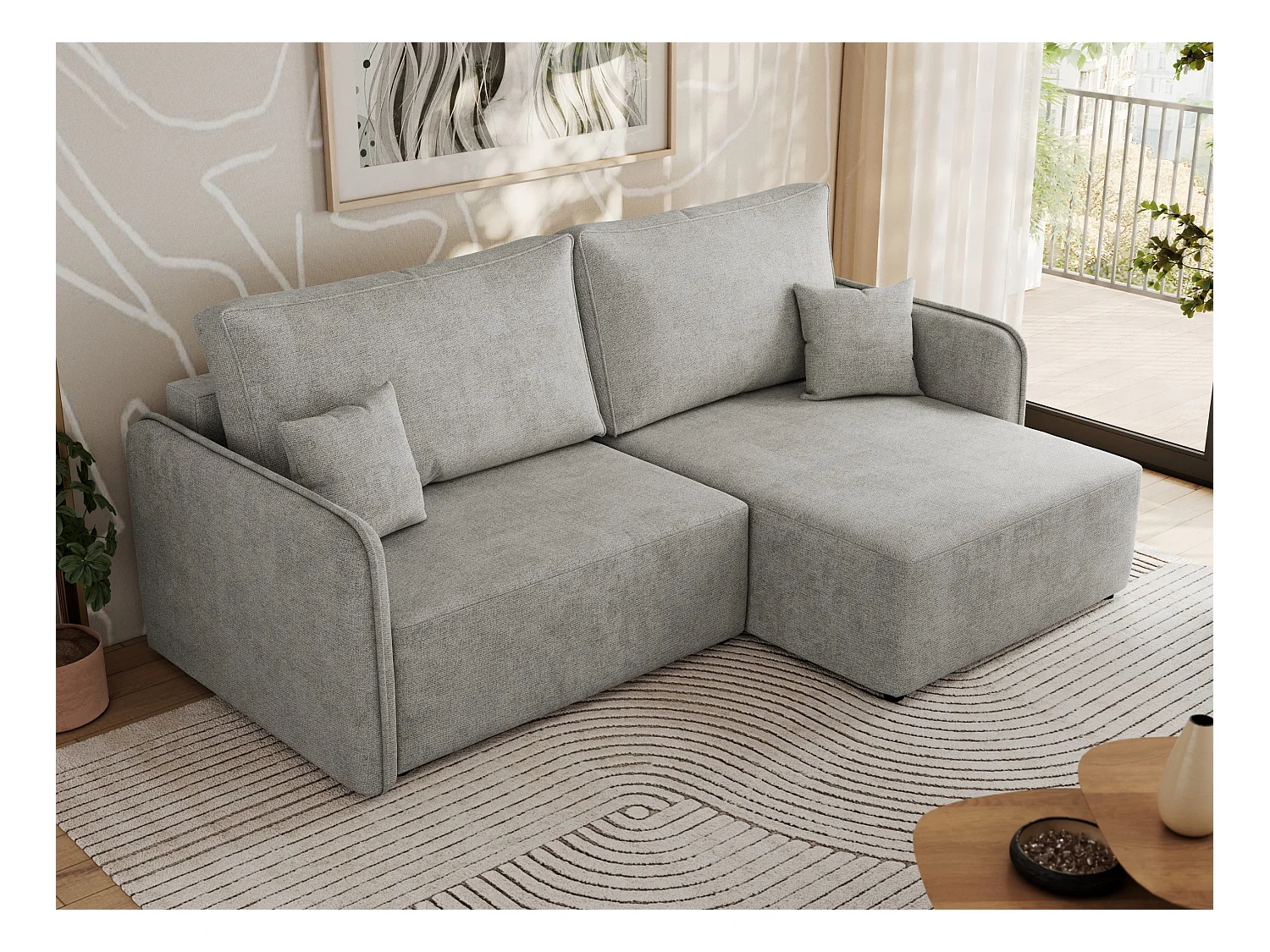 Ecksofa MESTO - Schlaffunktion und Bettkasten, L-form Couch für das Wohnzimmer, Armlehnen - Hellgrau Struktur - Ecke Rechts