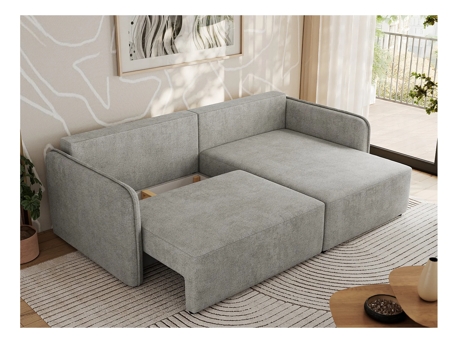Ecksofa MESTO - Schlaffunktion und Bettkasten, L-form Couch für das Wohnzimmer, Armlehnen - Hellgrau Struktur - Ecke Rechts
