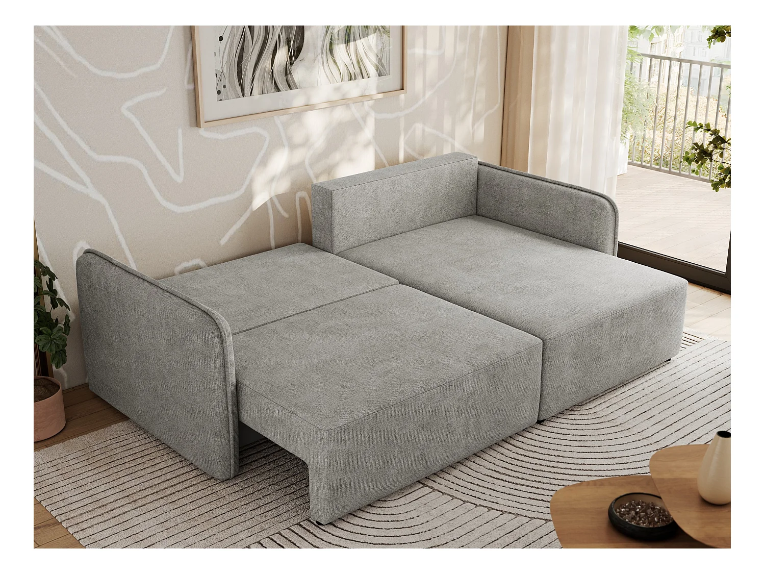 Ecksofa MESTO - Schlaffunktion und Bettkasten, L-form Couch für das Wohnzimmer, Armlehnen - Hellgrau Struktur - Ecke Rechts
