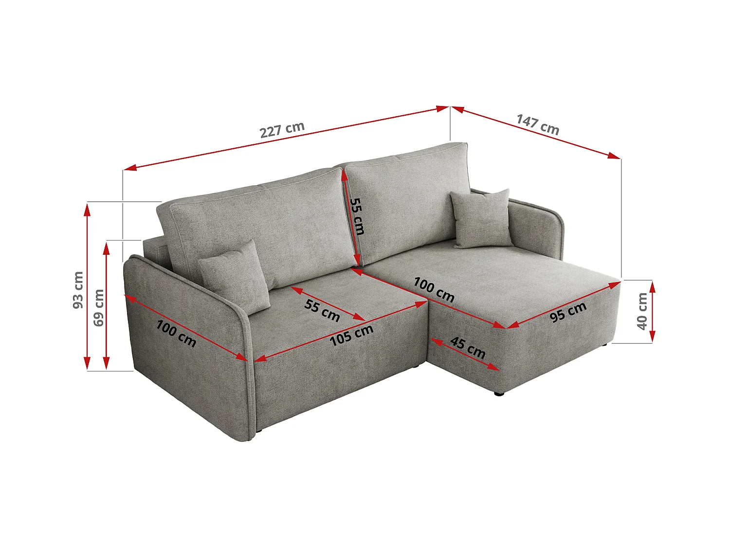 Ecksofa MESTO - Schlaffunktion und Bettkasten, L-form Couch für das Wohnzimmer, Armlehnen - Hellgrau Struktur - Ecke Rechts