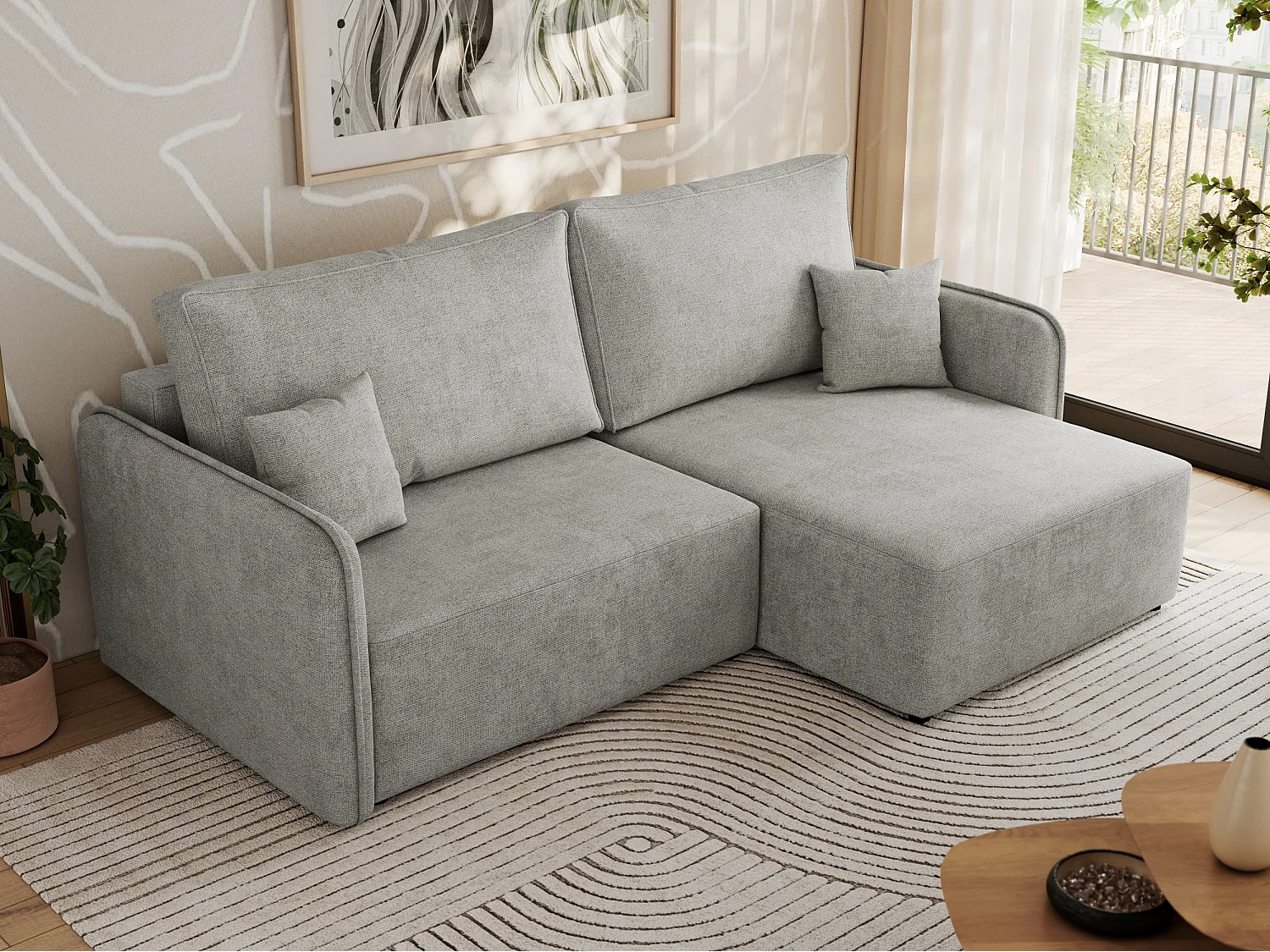 Ecksofa MESTO - Schlaffunktion und Bettkasten, L-form Couch für das Wohnzimmer, Armlehnen - Hellgrau Struktur - Ecke Rechts