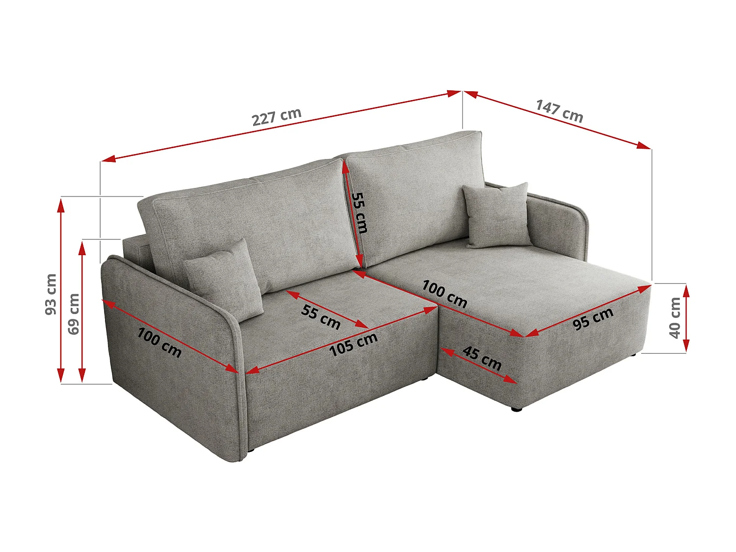 Ecksofa MESTO - Schlaffunktion und Bettkasten, L-form Couch für das Wohnzimmer, Armlehnen - Hellgrau Struktur - Ecke Rechts