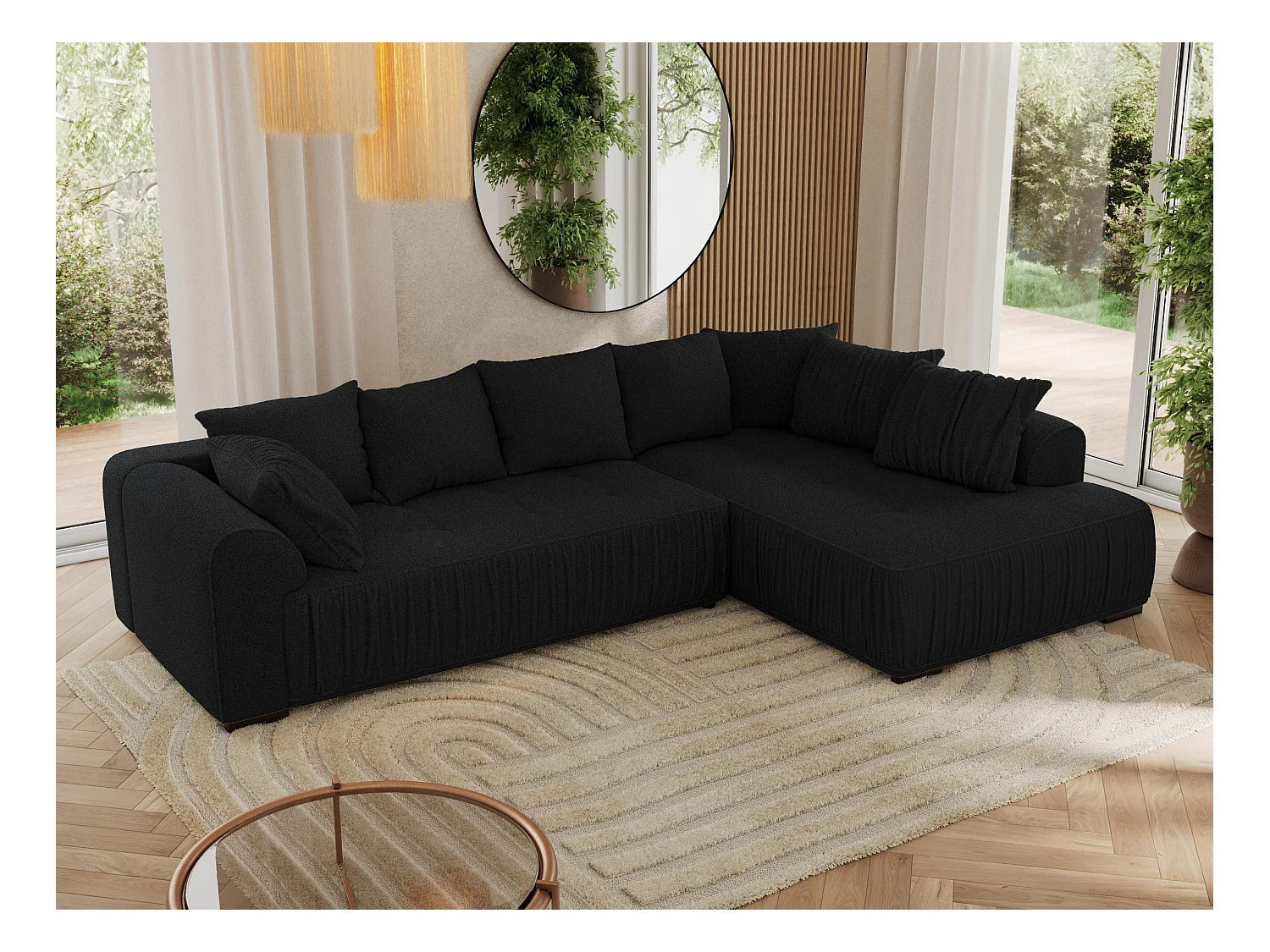 Ecksofa ORTA - Schlaffunktion und Bettkasten, lose Kissen, gesteppter Sitz, L-förmige Ecke - Schwarz Boucle - Ecke Rechts