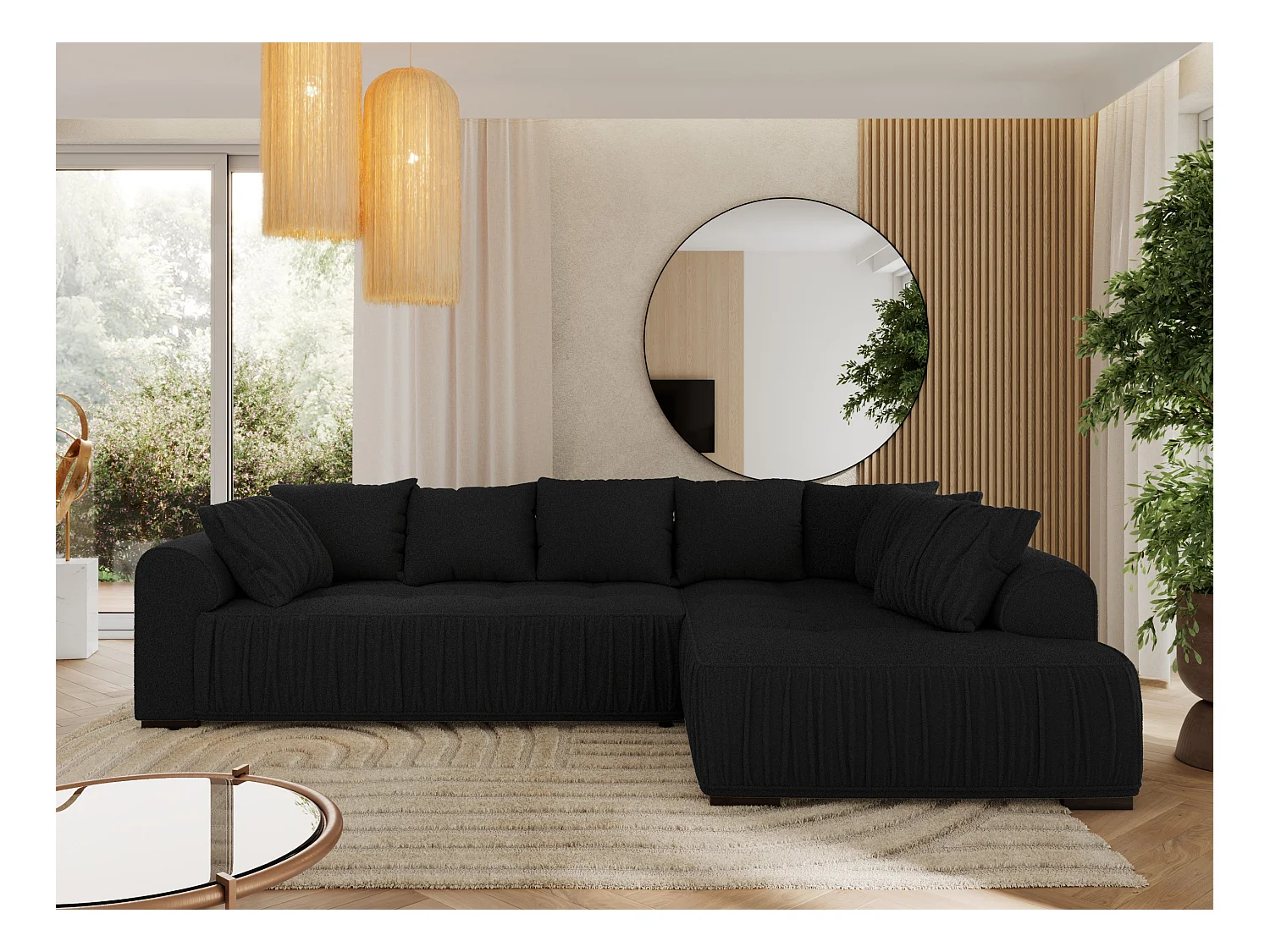 Ecksofa ORTA - Schlaffunktion und Bettkasten, lose Kissen, gesteppter Sitz, L-förmige Ecke - Schwarz Boucle - Ecke Rechts