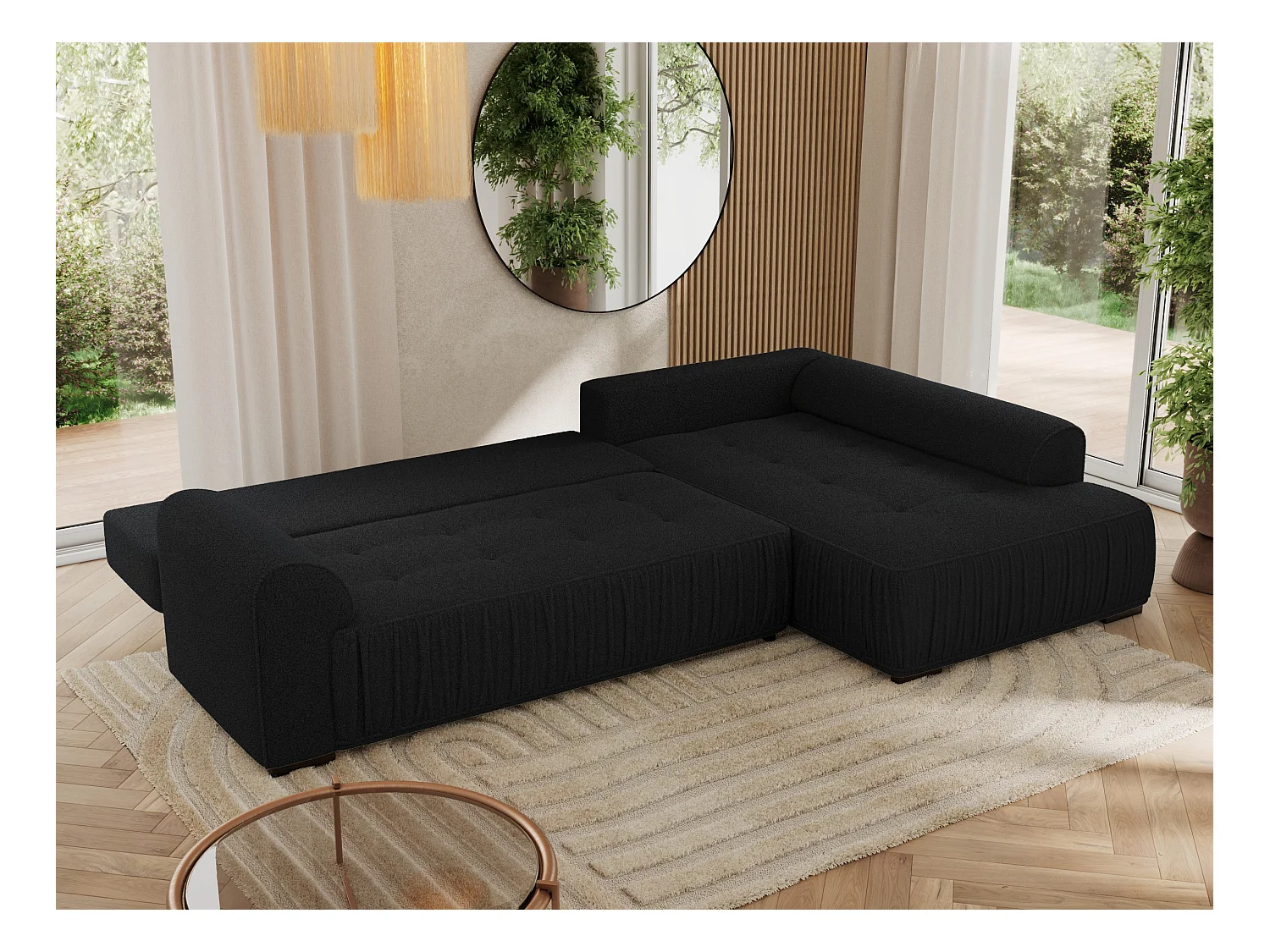 Ecksofa ORTA - Schlaffunktion und Bettkasten, lose Kissen, gesteppter Sitz, L-förmige Ecke - Schwarz Boucle - Ecke Rechts