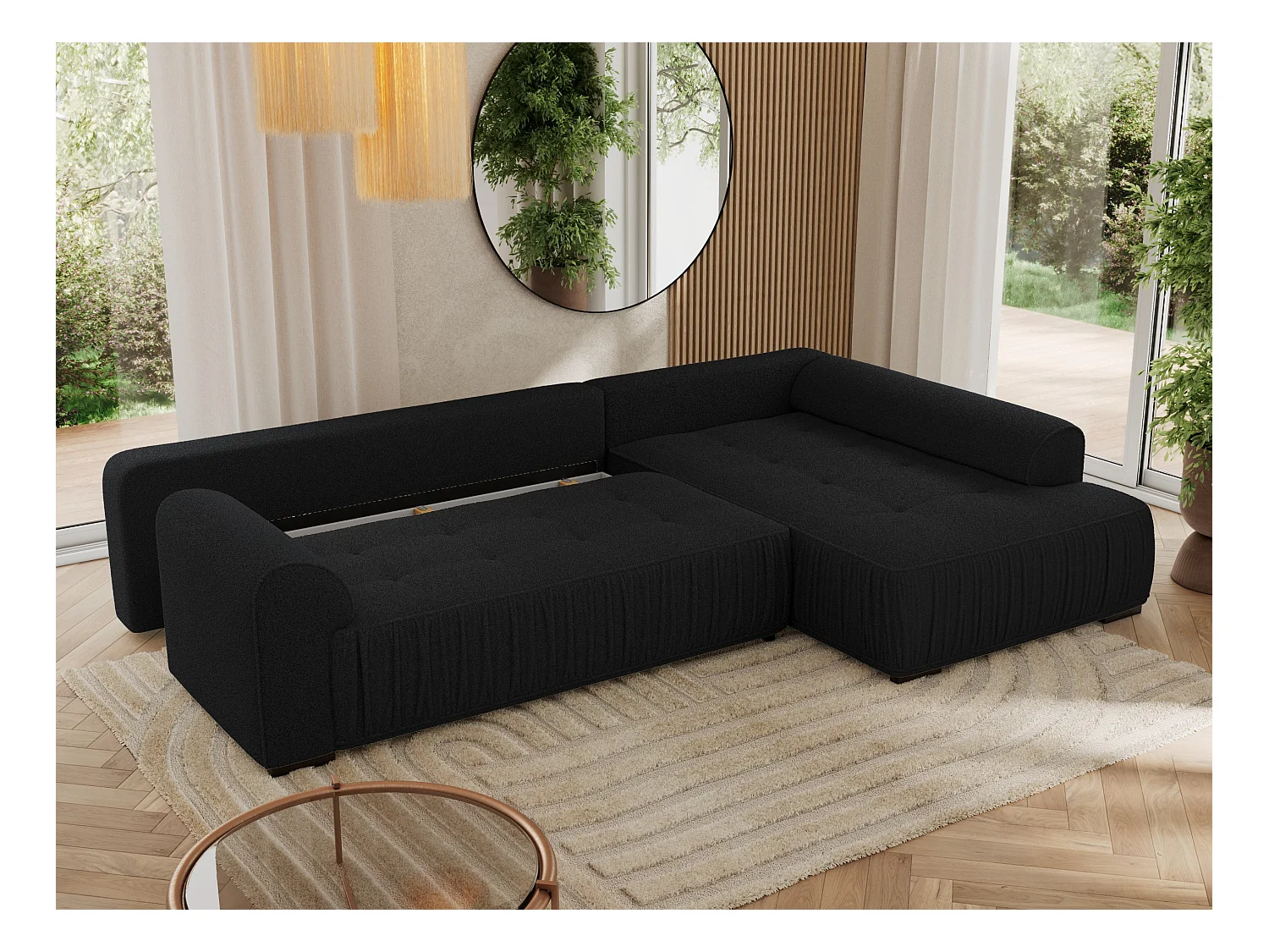 Ecksofa ORTA - Schlaffunktion und Bettkasten, lose Kissen, gesteppter Sitz, L-förmige Ecke - Schwarz Boucle - Ecke Rechts