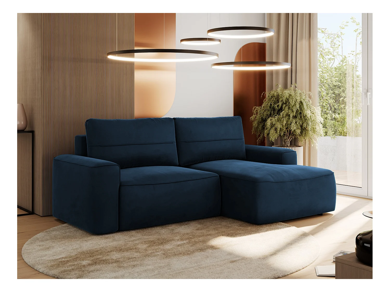 Ecksofa BELLUNO - Schlafsofa mit Bettkasten, Armlehnen, Couch L-form mit Schlaffunktion - Dunkelblau Velvet - Ecke Rechts