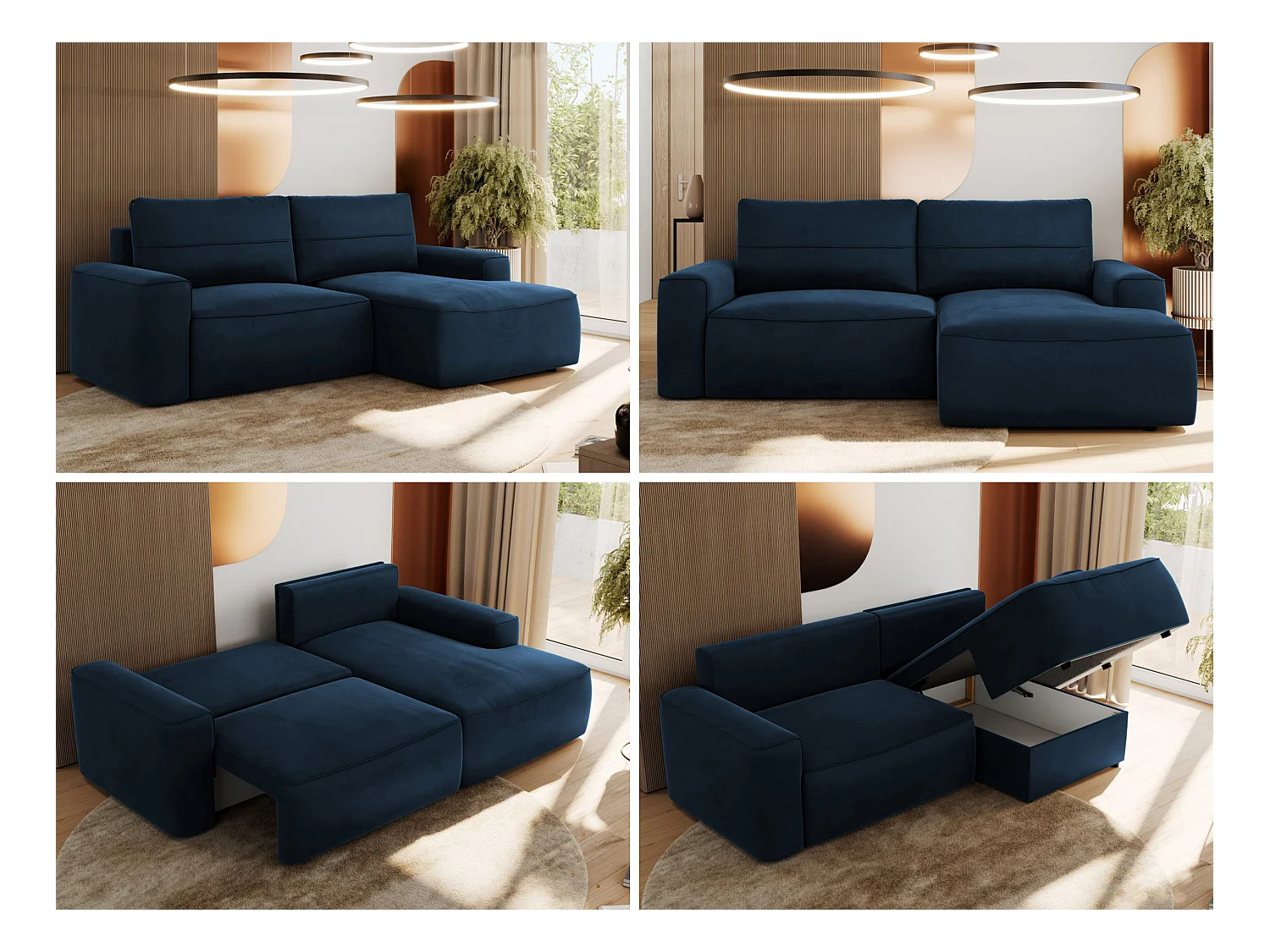 Ecksofa BELLUNO - Schlafsofa mit Bettkasten, Armlehnen, Couch L-form mit Schlaffunktion - Dunkelblau Velvet - Ecke Rechts