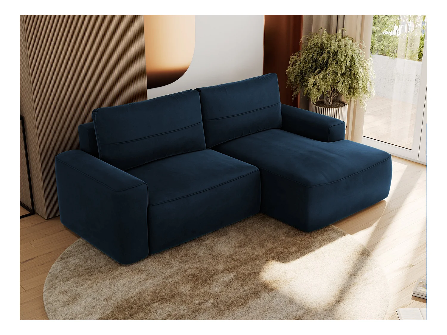 Ecksofa BELLUNO - Schlafsofa mit Bettkasten, Armlehnen, Couch L-form mit Schlaffunktion - Dunkelblau Velvet - Ecke Rechts