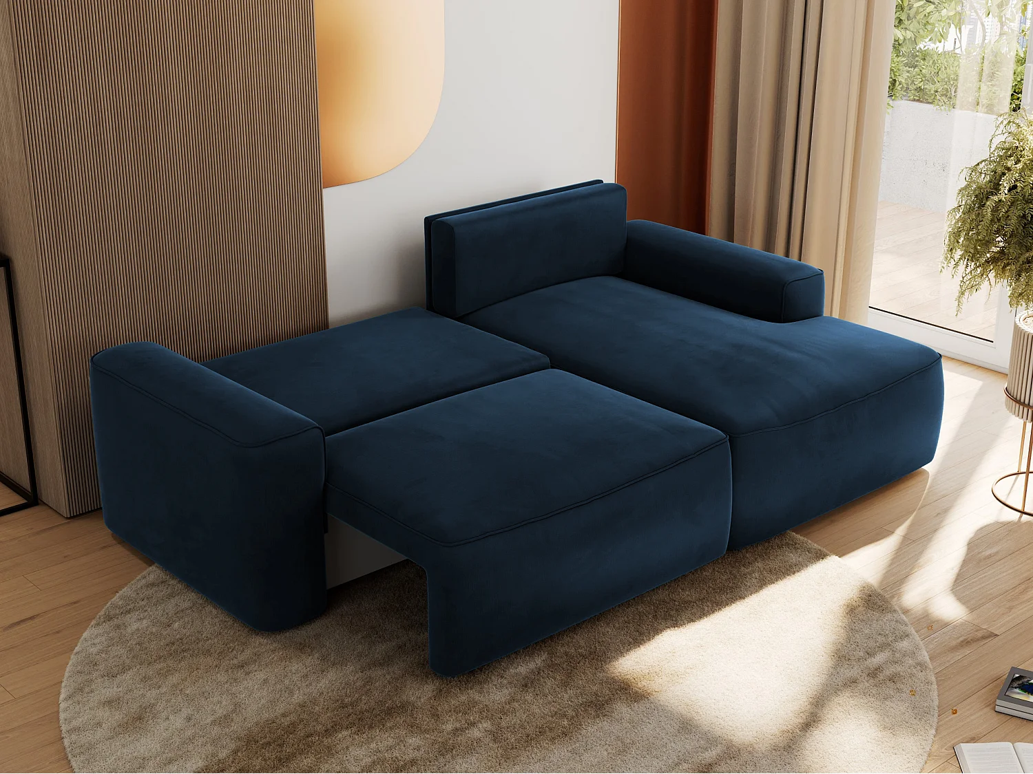Ecksofa BELLUNO - Schlafsofa mit Bettkasten, Armlehnen, Couch L-form mit Schlaffunktion - Dunkelblau Velvet - Ecke Rechts