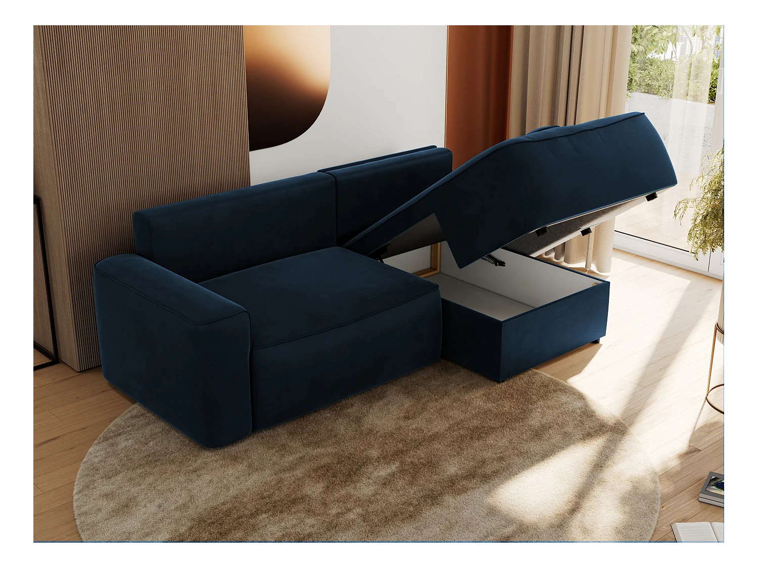 Ecksofa BELLUNO - Schlafsofa mit Bettkasten, Armlehnen, Couch L-form mit Schlaffunktion - Dunkelblau Velvet - Ecke Rechts