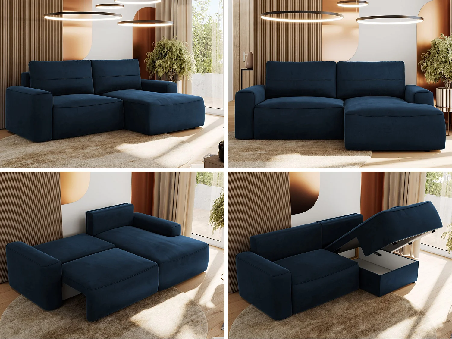 Ecksofa BELLUNO - Schlafsofa mit Bettkasten, Armlehnen, Couch L-form mit Schlaffunktion - Dunkelblau Velvet - Ecke Rechts