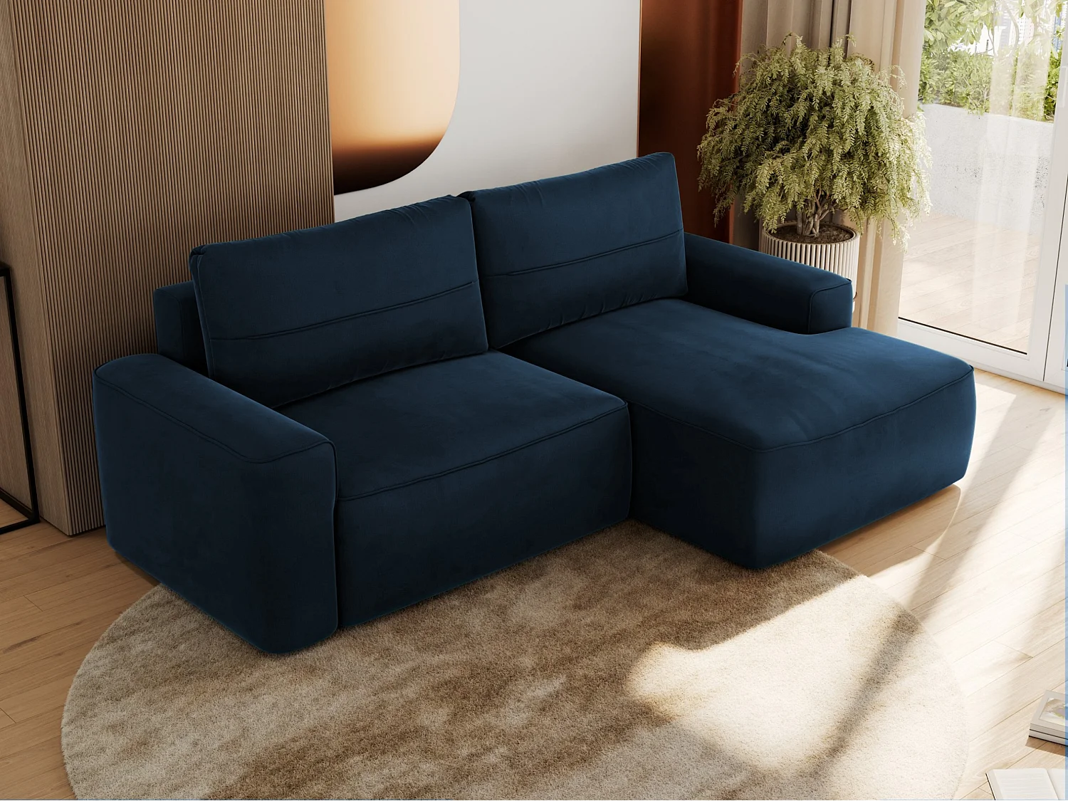 Ecksofa BELLUNO - Schlafsofa mit Bettkasten, Armlehnen, Couch L-form mit Schlaffunktion - Dunkelblau Velvet - Ecke Rechts