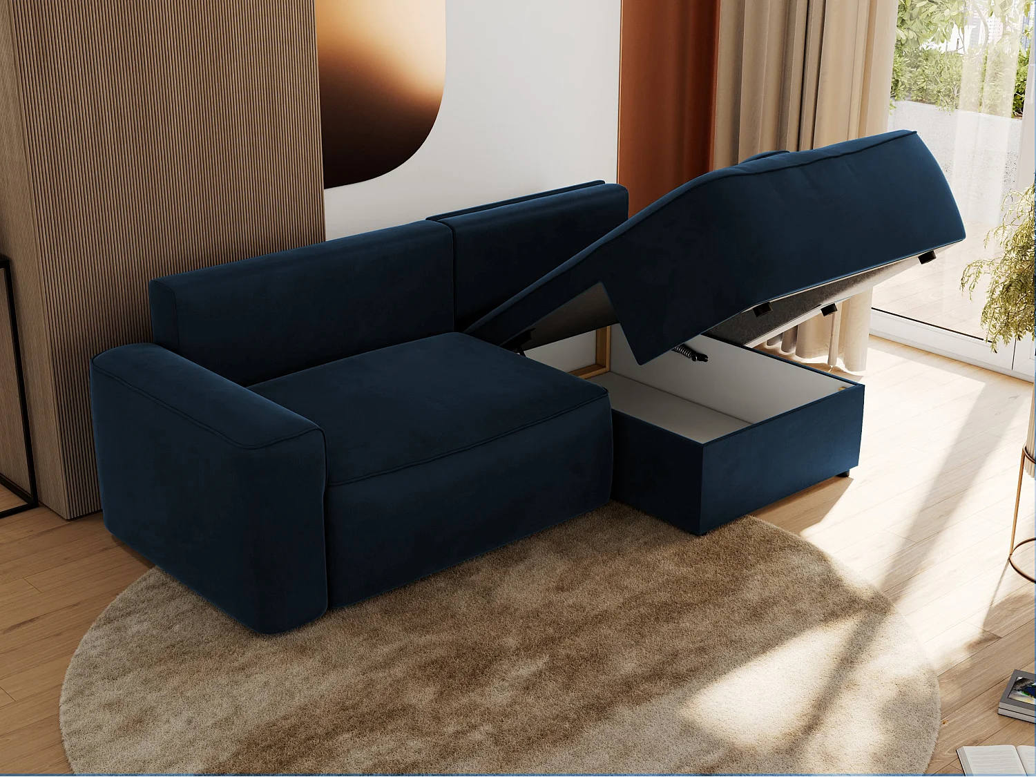 Ecksofa BELLUNO - Schlafsofa mit Bettkasten, Armlehnen, Couch L-form mit Schlaffunktion - Dunkelblau Velvet - Ecke Rechts