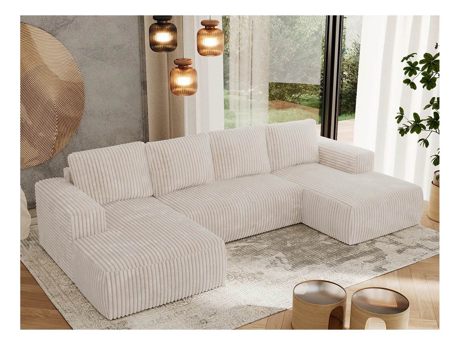 Ecksofa TRENTINO U - mit Schlaffunktion und Bettkasten, U-förmiges Wohnlandschaft, Armlehnen - Beige Cord