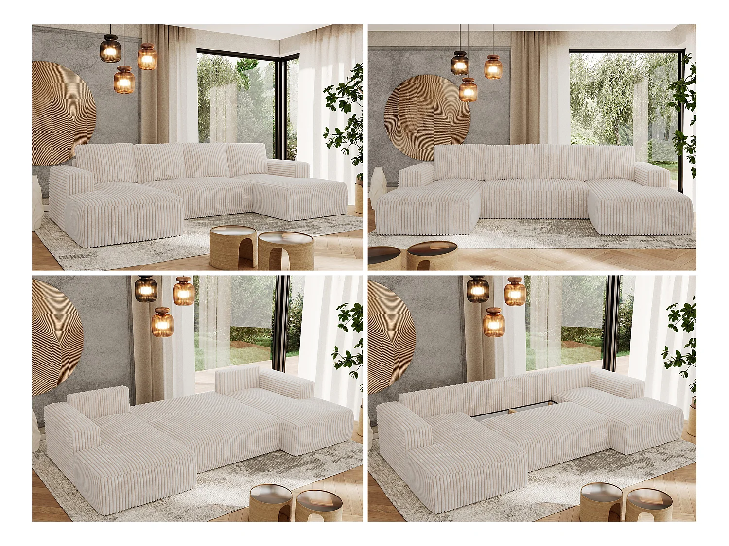 Ecksofa TRENTINO U - mit Schlaffunktion und Bettkasten, U-förmiges Wohnlandschaft, Armlehnen - Beige Cord