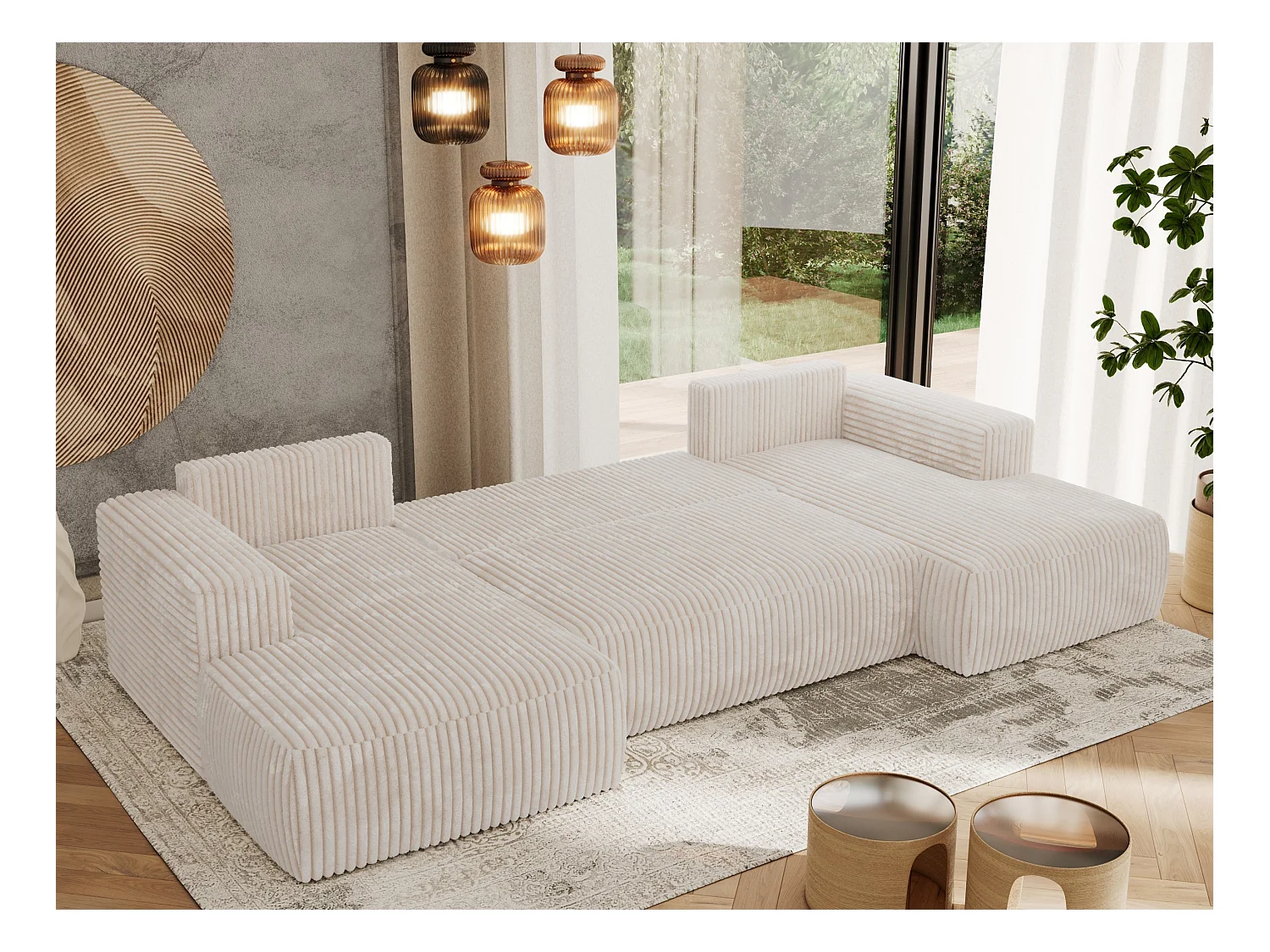 Ecksofa TRENTINO U - mit Schlaffunktion und Bettkasten, U-förmiges Wohnlandschaft, Armlehnen - Beige Cord