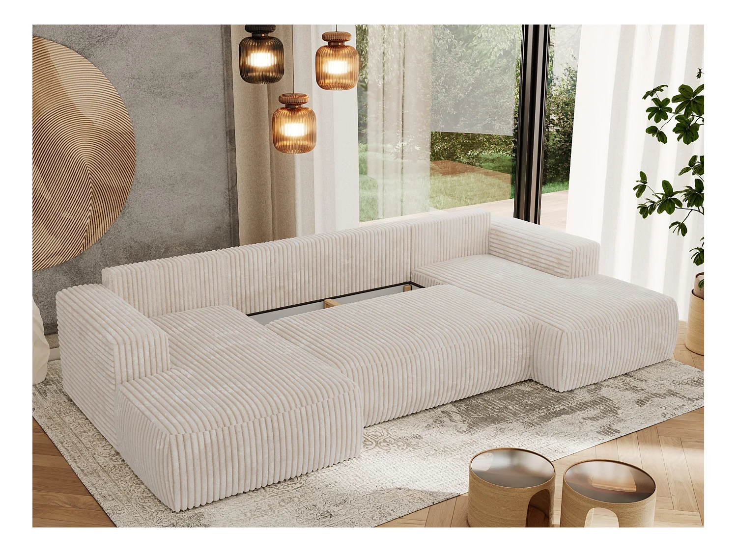 Ecksofa TRENTINO U - mit Schlaffunktion und Bettkasten, U-förmiges Wohnlandschaft, Armlehnen - Beige Cord