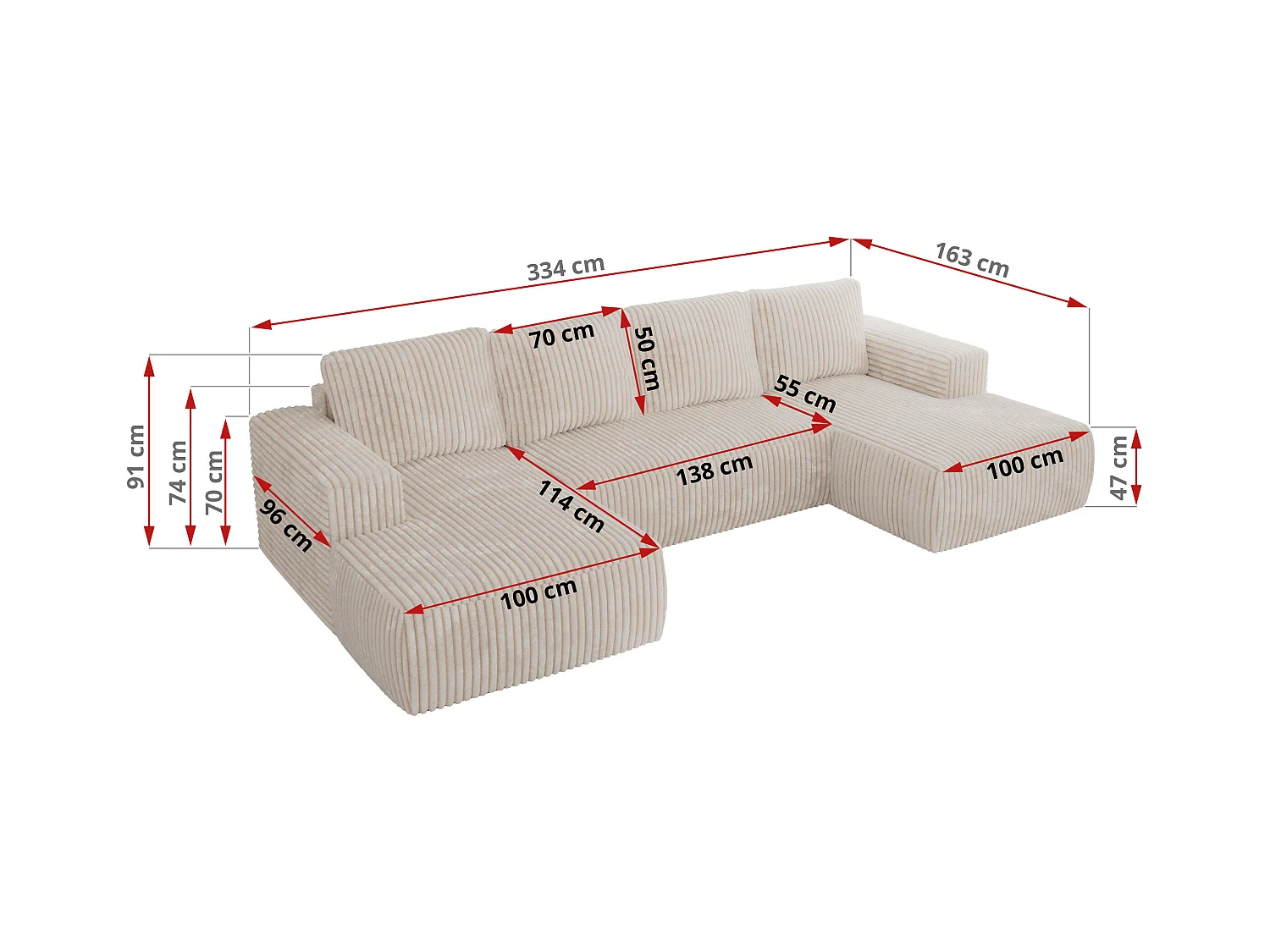 Ecksofa TRENTINO U - mit Schlaffunktion und Bettkasten, U-förmiges Wohnlandschaft, Armlehnen - Beige Cord