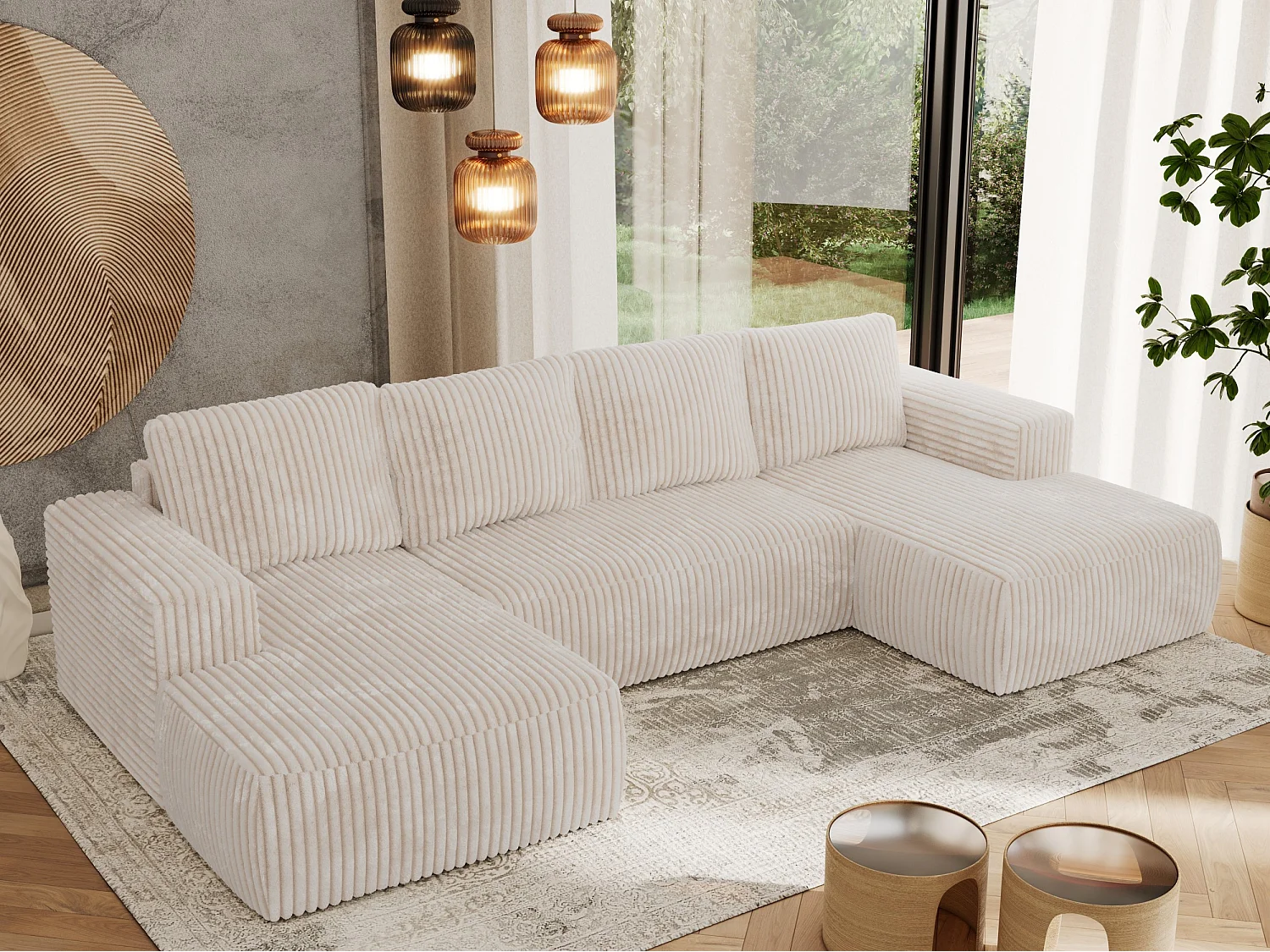 Ecksofa TRENTINO U - mit Schlaffunktion und Bettkasten, U-förmiges Wohnlandschaft, Armlehnen - Beige Cord