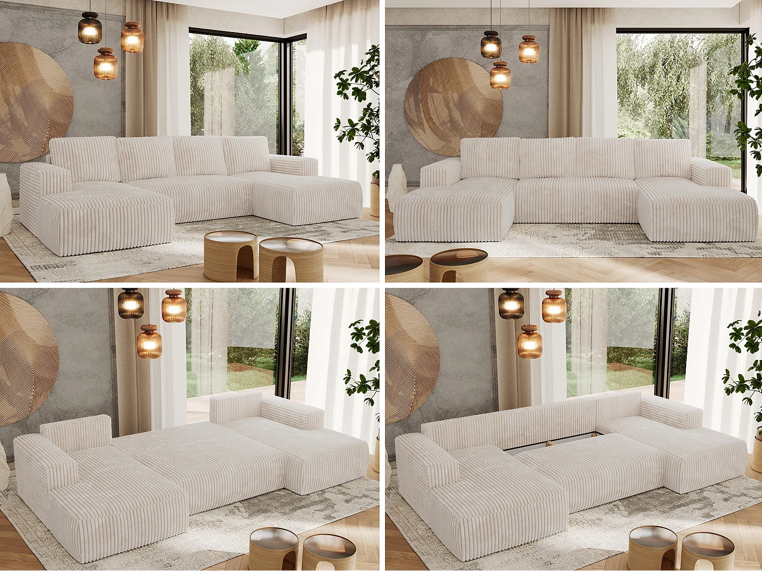 Ecksofa TRENTINO U - mit Schlaffunktion und Bettkasten, U-förmiges Wohnlandschaft, Armlehnen - Beige Cord