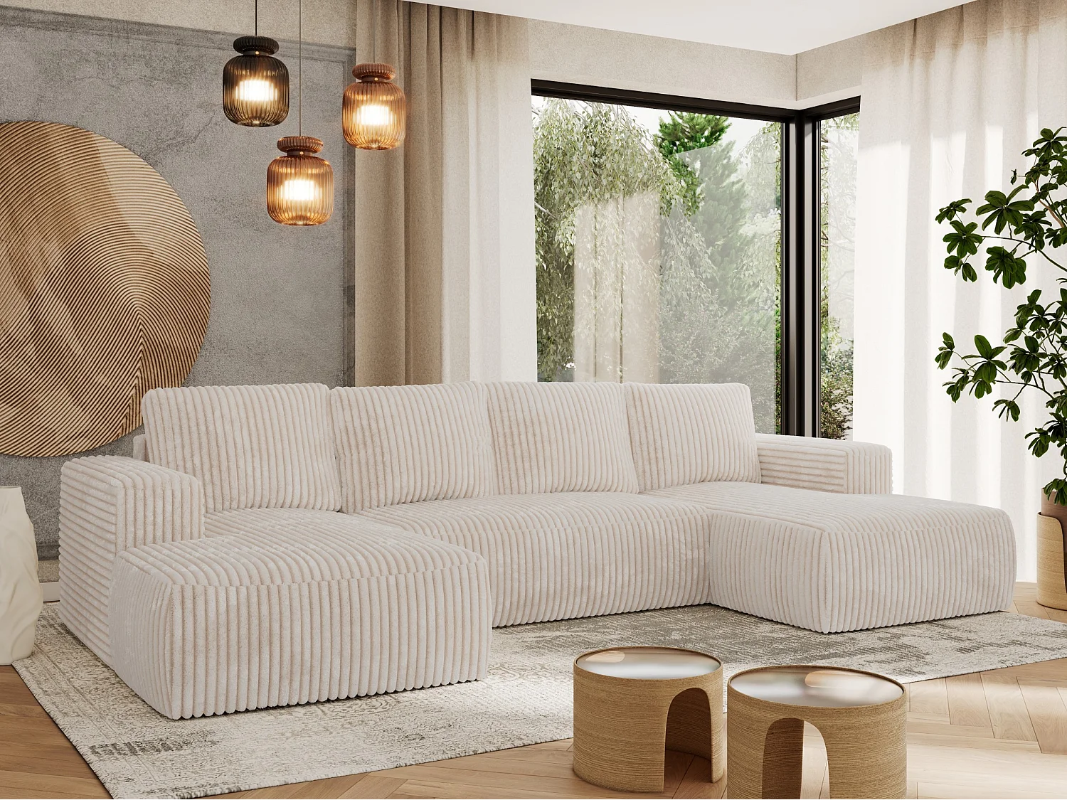 Ecksofa TRENTINO U - mit Schlaffunktion und Bettkasten, U-förmiges Wohnlandschaft, Armlehnen - Beige Cord