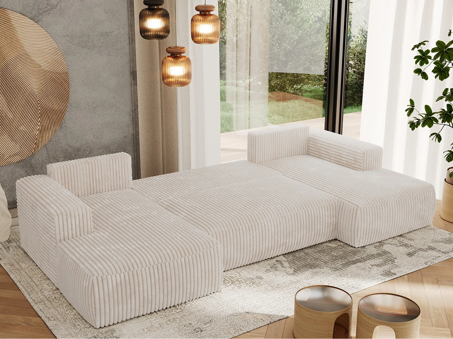 Ecksofa TRENTINO U - mit Schlaffunktion und Bettkasten, U-förmiges Wohnlandschaft, Armlehnen - Beige Cord