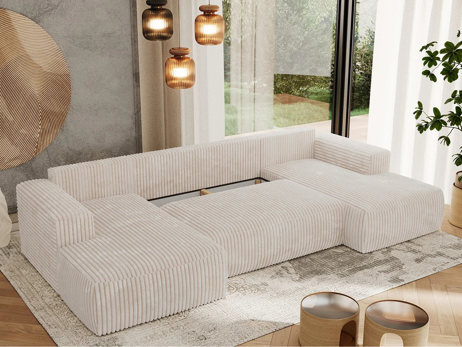 Ecksofa TRENTINO U - mit Schlaffunktion und Bettkasten, U-förmiges Wohnlandschaft, Armlehnen - Beige Cord