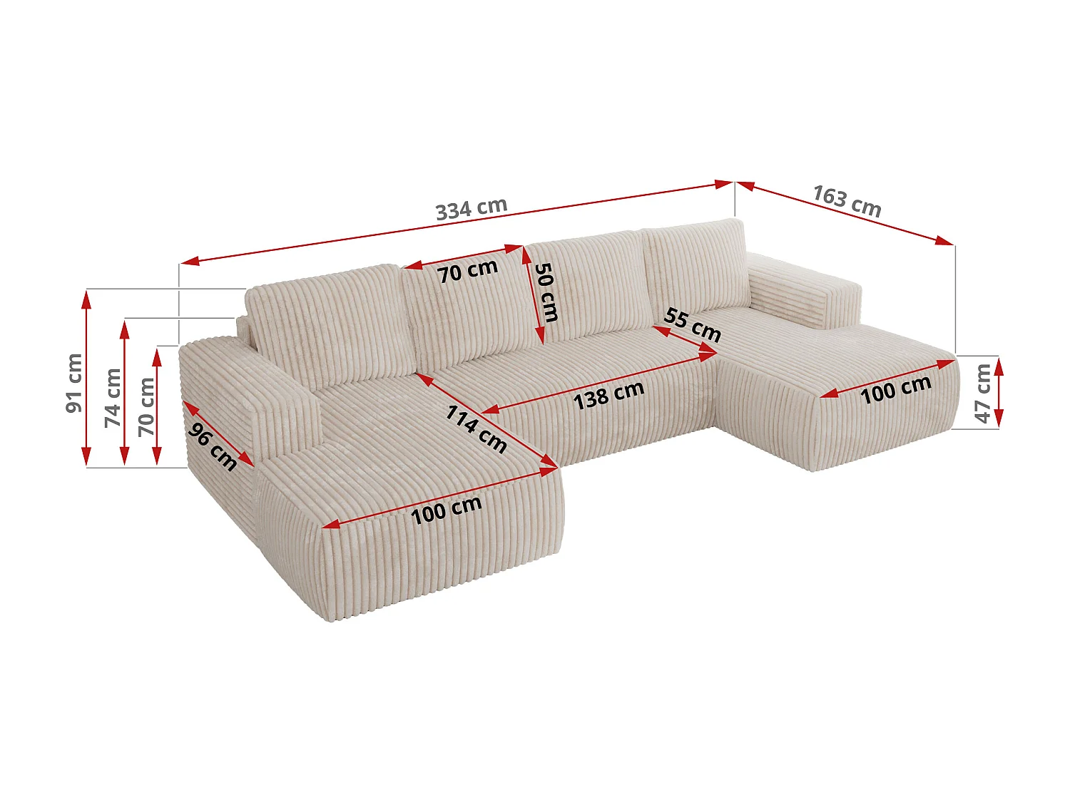 Ecksofa TRENTINO U - mit Schlaffunktion und Bettkasten, U-förmiges Wohnlandschaft, Armlehnen - Beige Cord