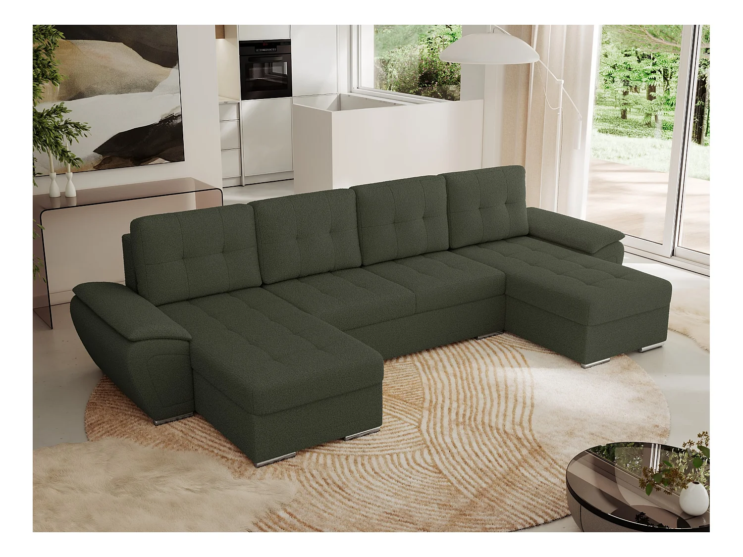 Ecksofa UMBRIA U - XXL Wohnlandschaft, mit Schlaffunktion und Bettkasten, genähte Ecke - Grün Boucle