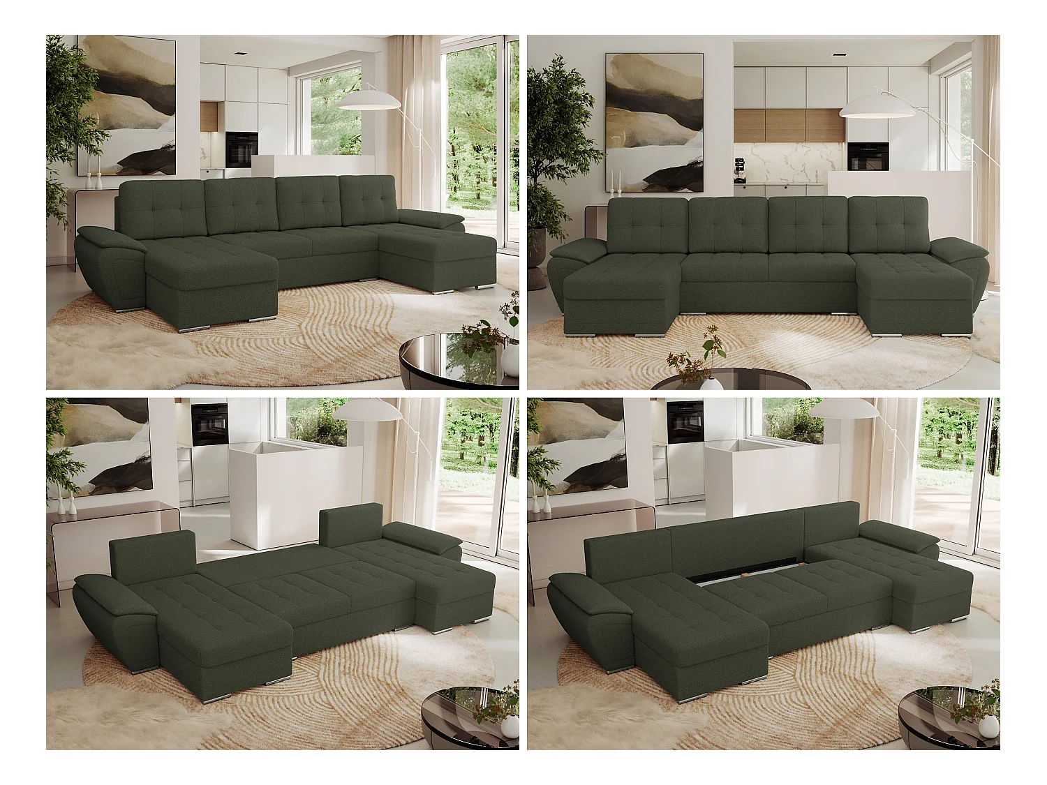 Ecksofa UMBRIA U - XXL Wohnlandschaft, mit Schlaffunktion und Bettkasten, genähte Ecke - Grün Boucle