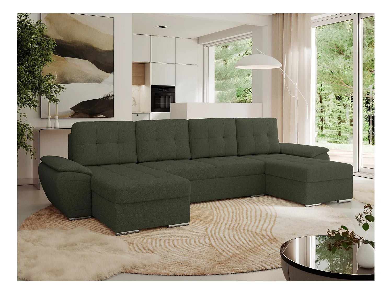 Ecksofa UMBRIA U - XXL Wohnlandschaft, mit Schlaffunktion und Bettkasten, genähte Ecke - Grün Boucle