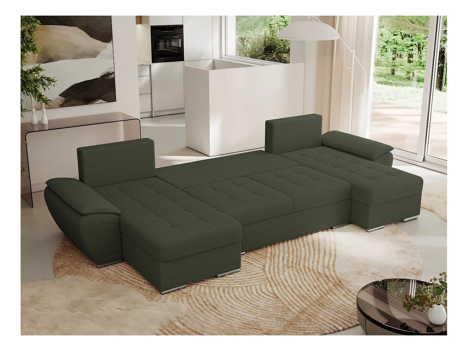 Ecksofa UMBRIA U - XXL Wohnlandschaft, mit Schlaffunktion und Bettkasten, genähte Ecke - Grün Boucle