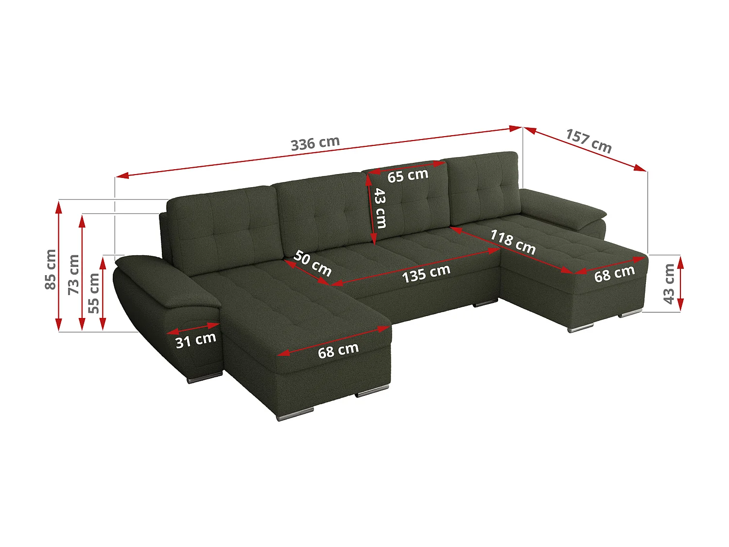 Ecksofa UMBRIA U - XXL Wohnlandschaft, mit Schlaffunktion und Bettkasten, genähte Ecke - Grün Boucle